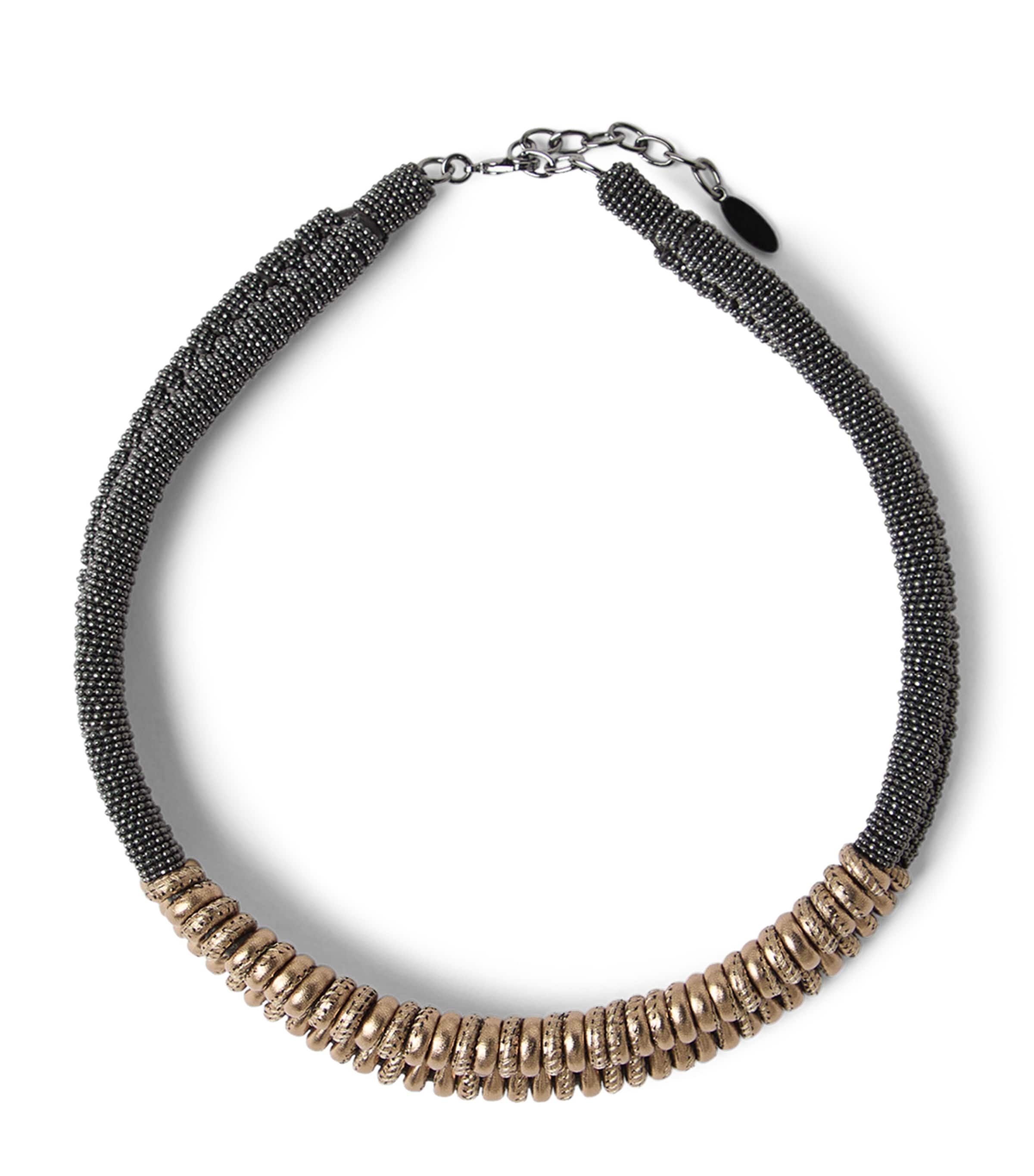 Brunello Cucinelli Lamé Calfskin Monili Braided Choker In Yellow