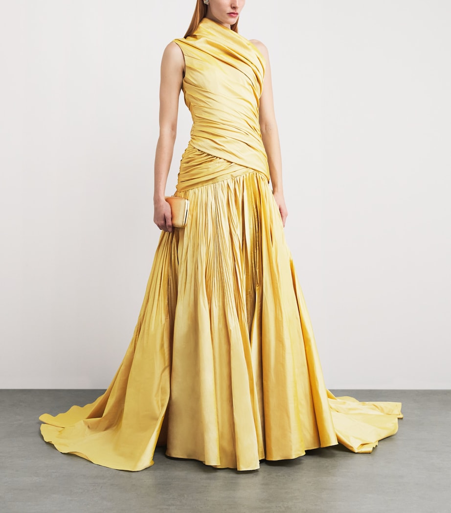 Marmar Halim Womens Taffeta One-Shoulder Draped Gown Gold Image 2