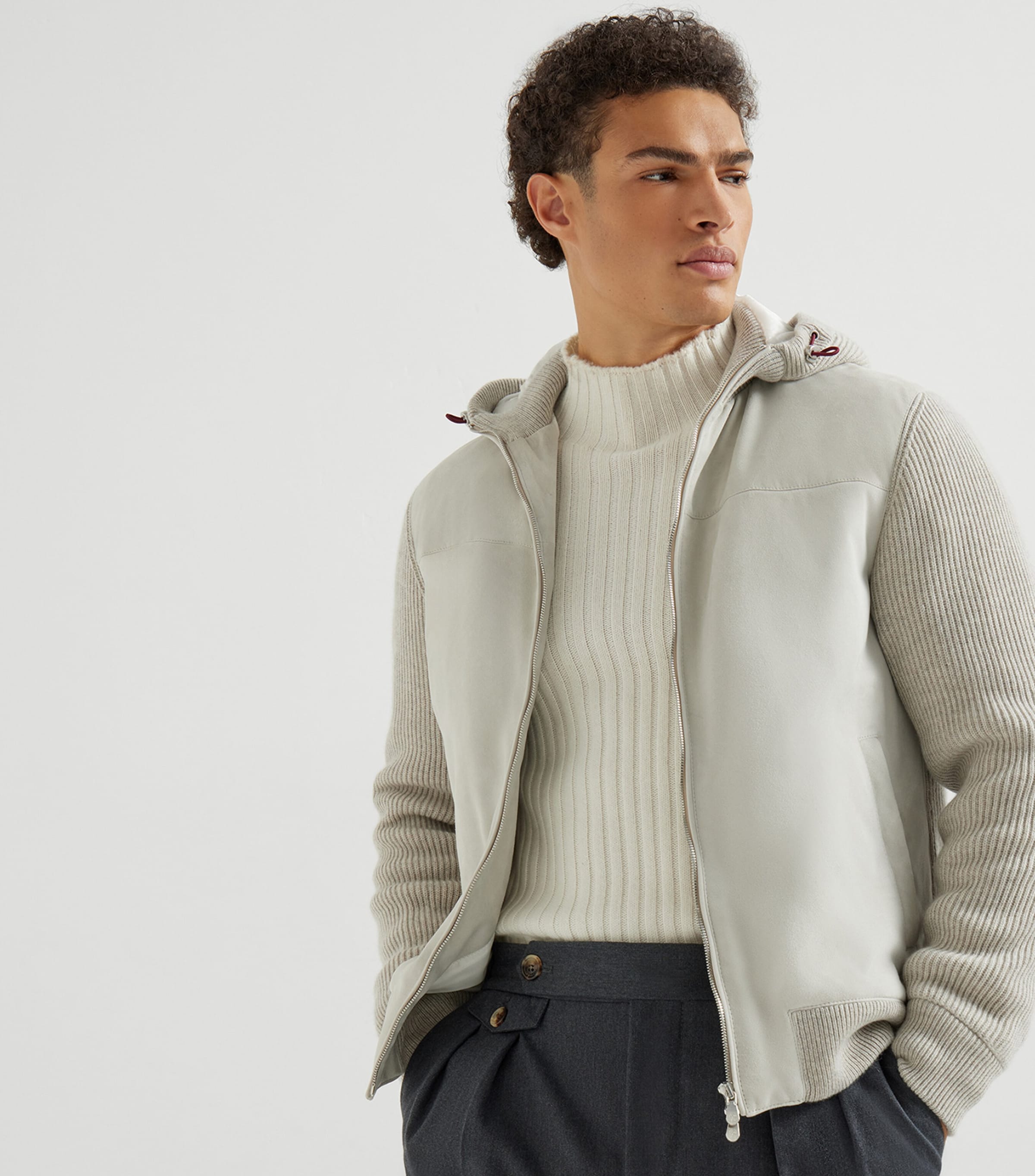 Suede Cashmere-Trim Padded Hoodie CVI78 Image 4