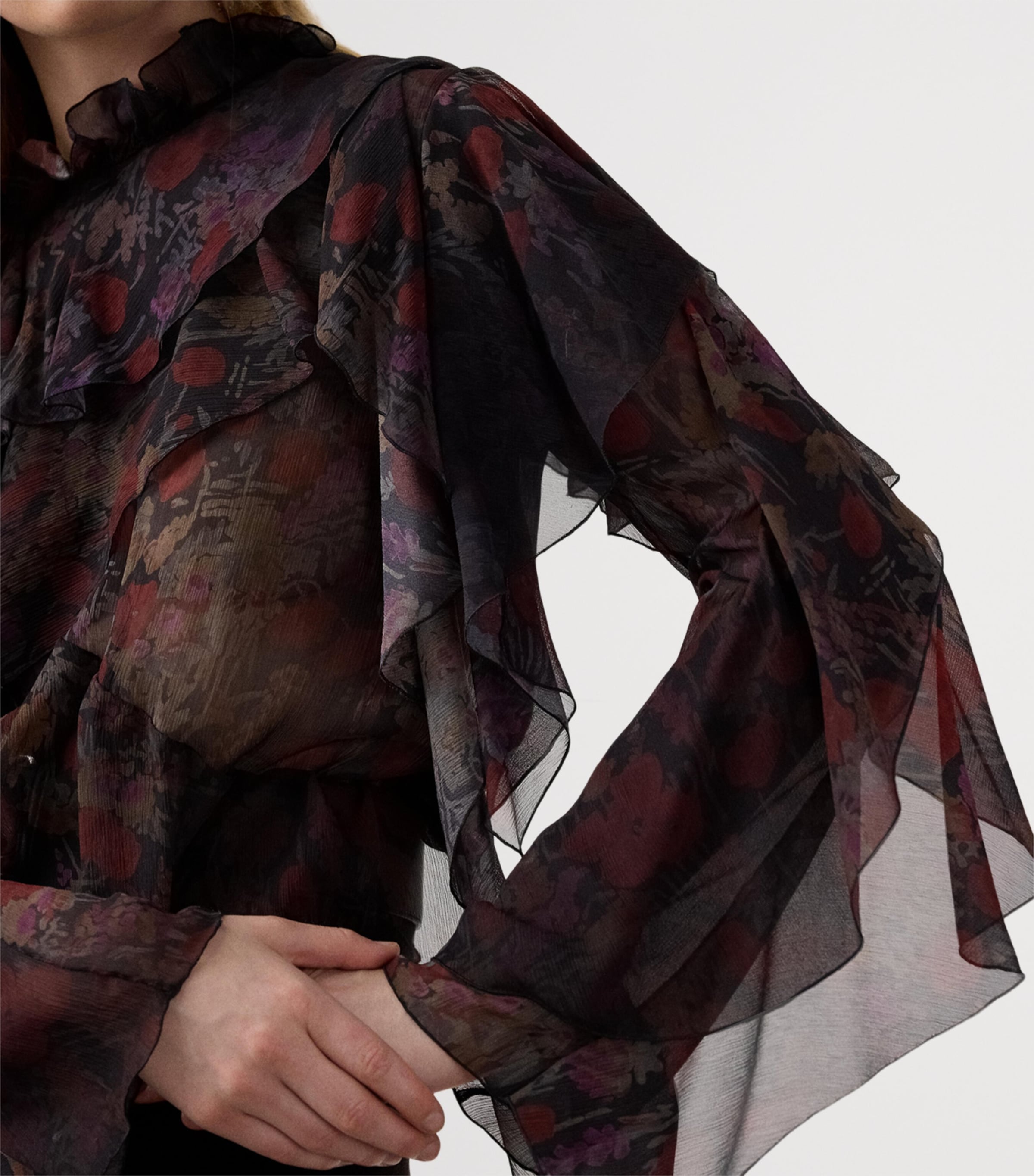 Silk Chiffon Ruffle-Trim Ilene Blouse BLACK/CRIMSON MULTI Image 4