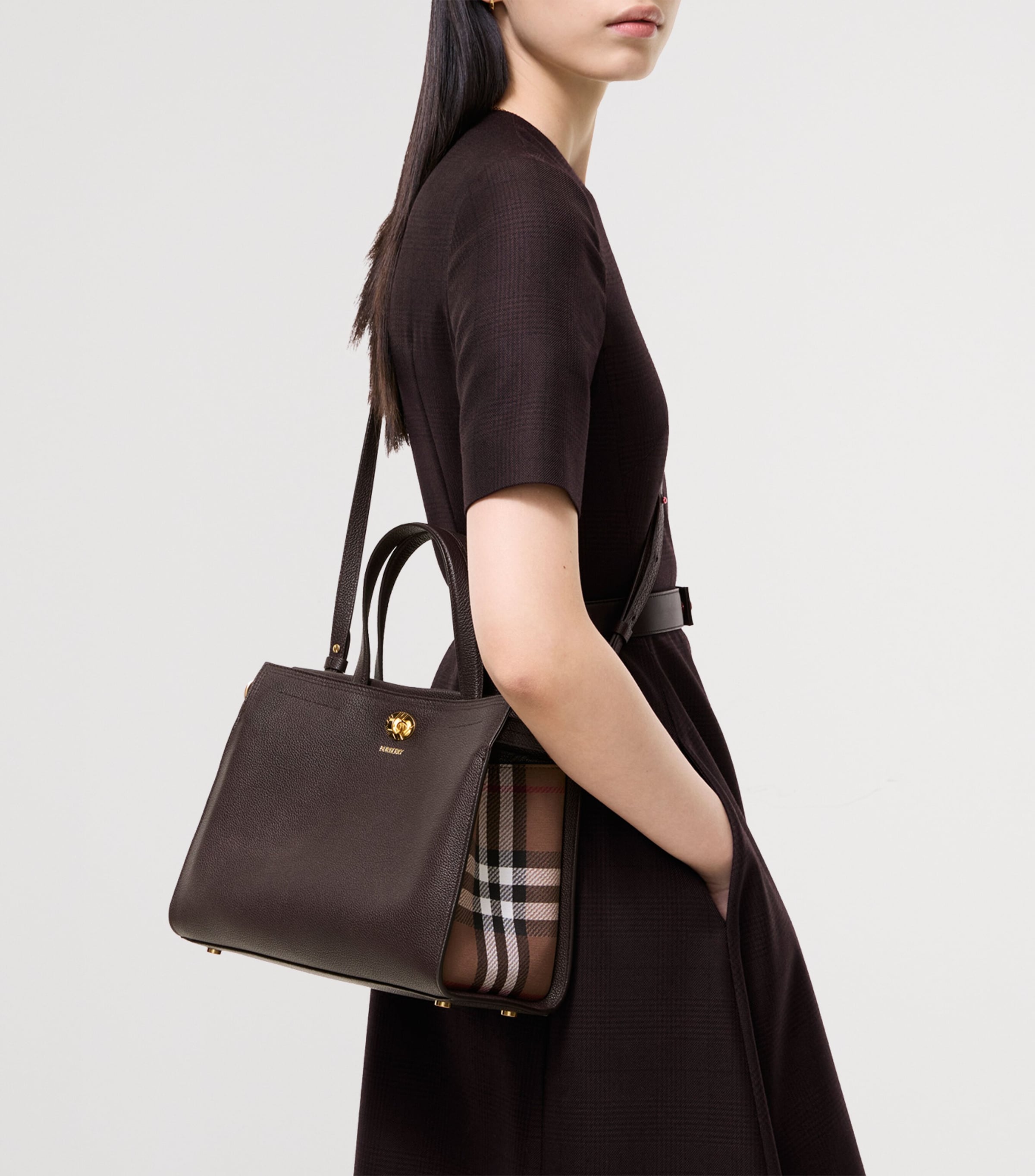 Burberry Small Leather Cotswolds Check Tote Bag Chocolate Brown Image 2