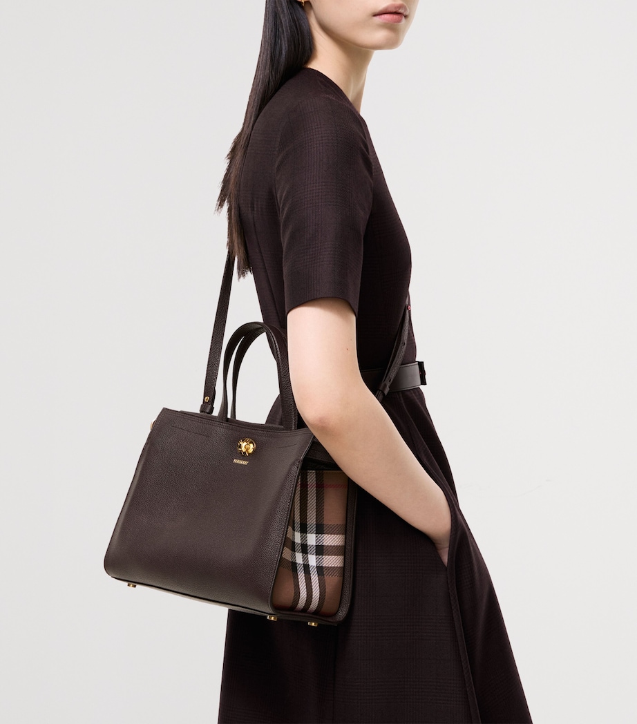 Burberry Small Leather Cotswolds Check Tote Bag Chocolate Brown Image 2