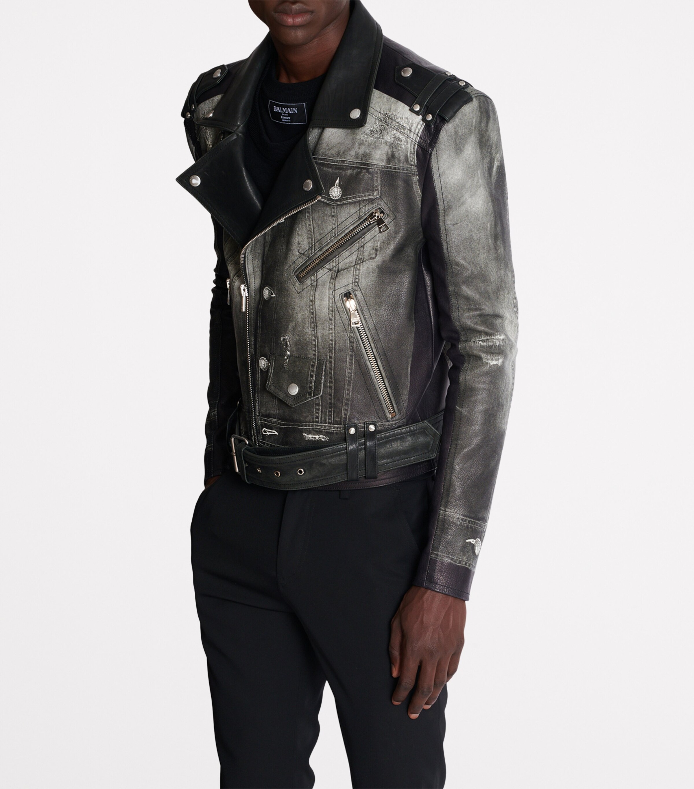 Balmain Mens Leather Denim Print Biker Jacker Yie Gris Denim/ Noir Image 9