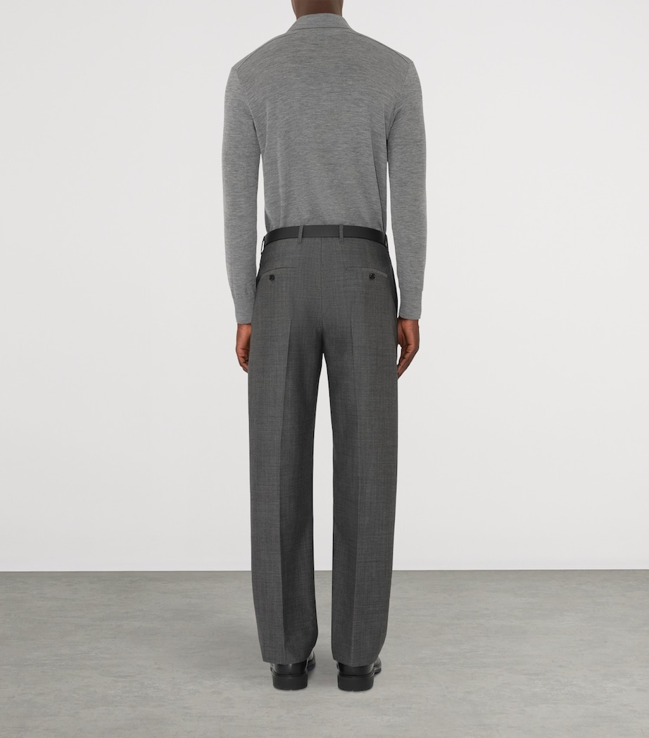 Wool Check-Detail Long-Sleeve Polo Shirt GREY Image 4