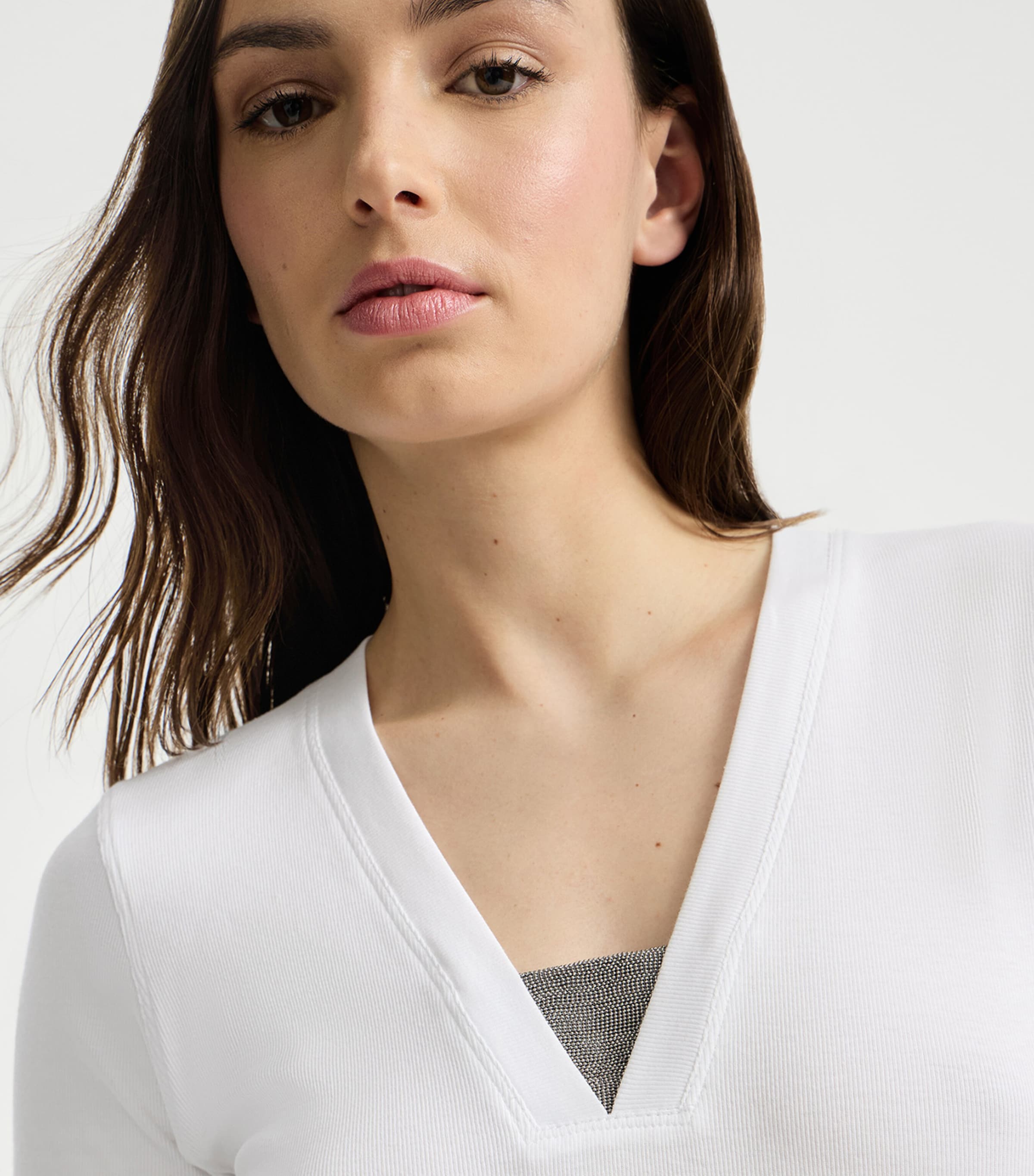 Brunello Cucinelli Womens Monili Long-Sleeve V-Neck T-Shirt White Image 6