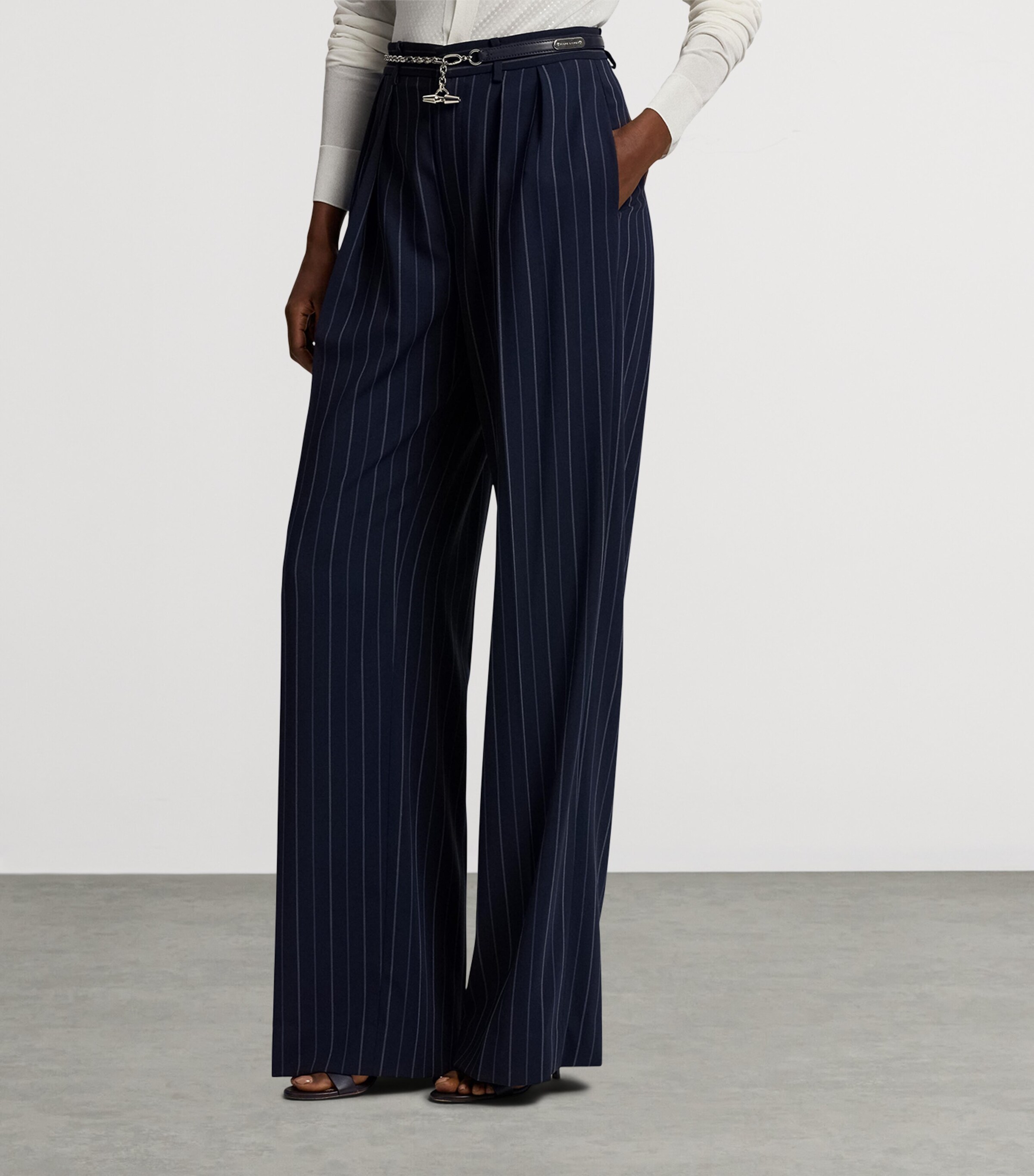 Ralph Lauren Collection Womens Wool Pinstripe Jody Wide-Leg Trousers Navy Image 7