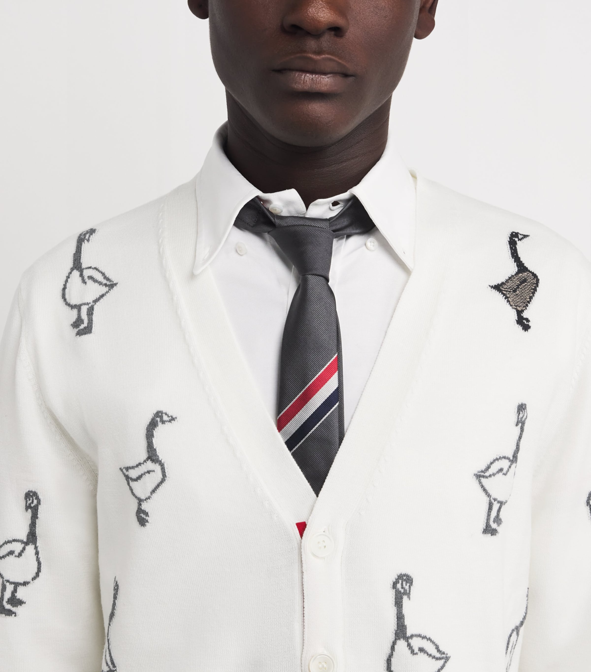 Thom Browne Mens Virgin Wool-Cotton Geese Cardigan White Image 6
