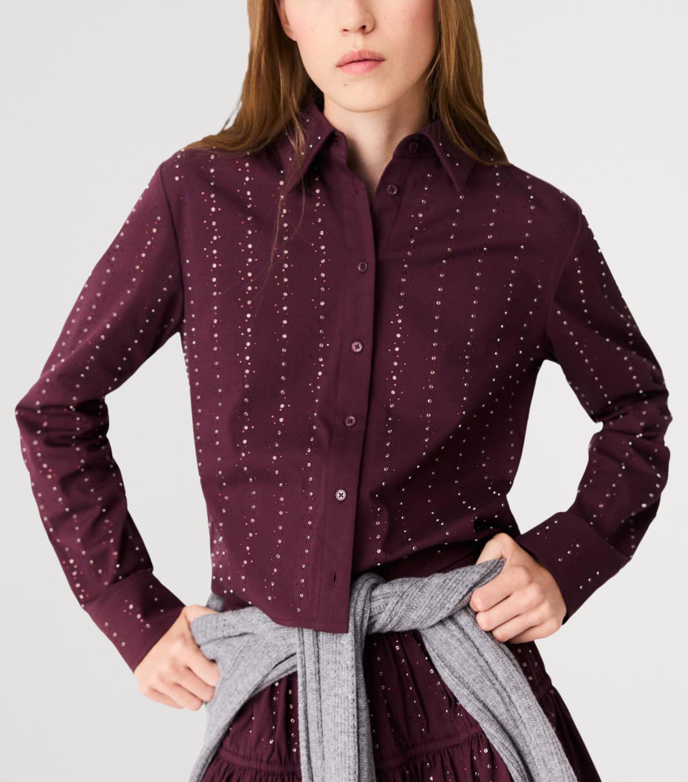 Maje Womens Embellished Stripe Shirt Burgundy Image 5