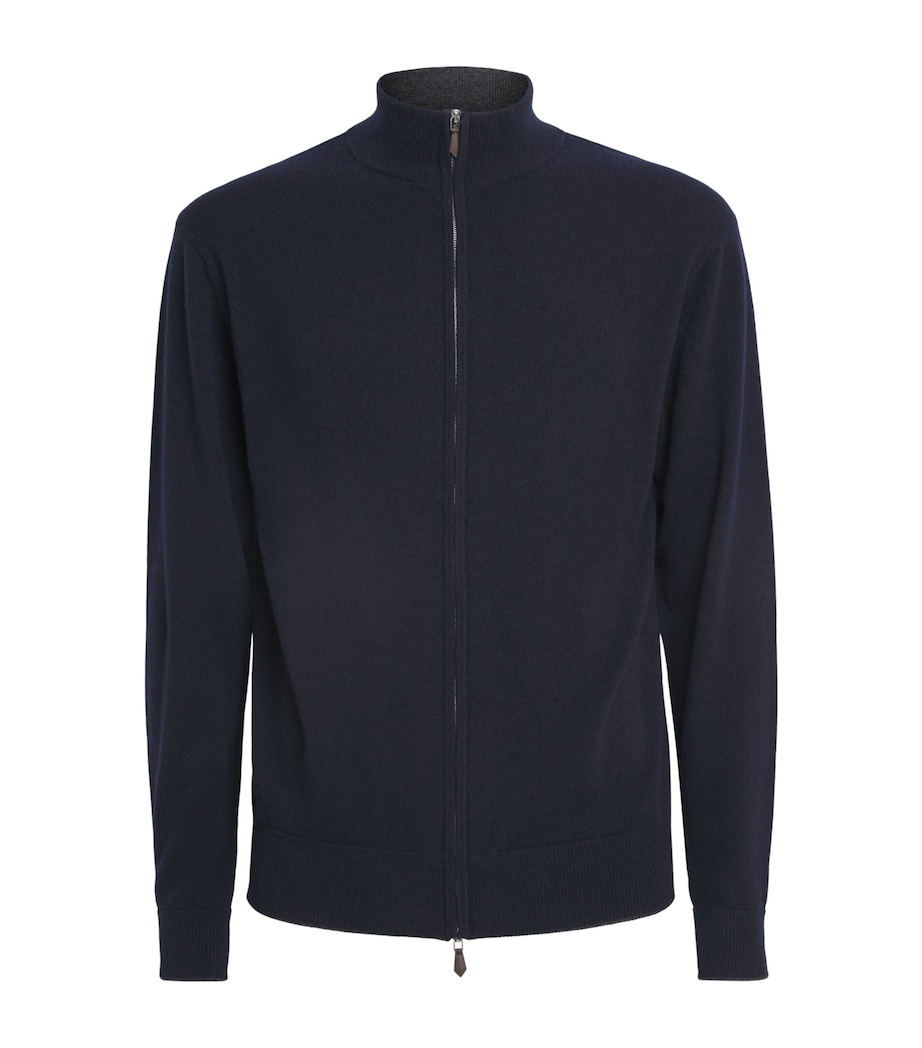 N.Peal Mens Organic Cashmere Knightsbridge Zip-Up Cardigan Navy Dark Charcoal Image 1