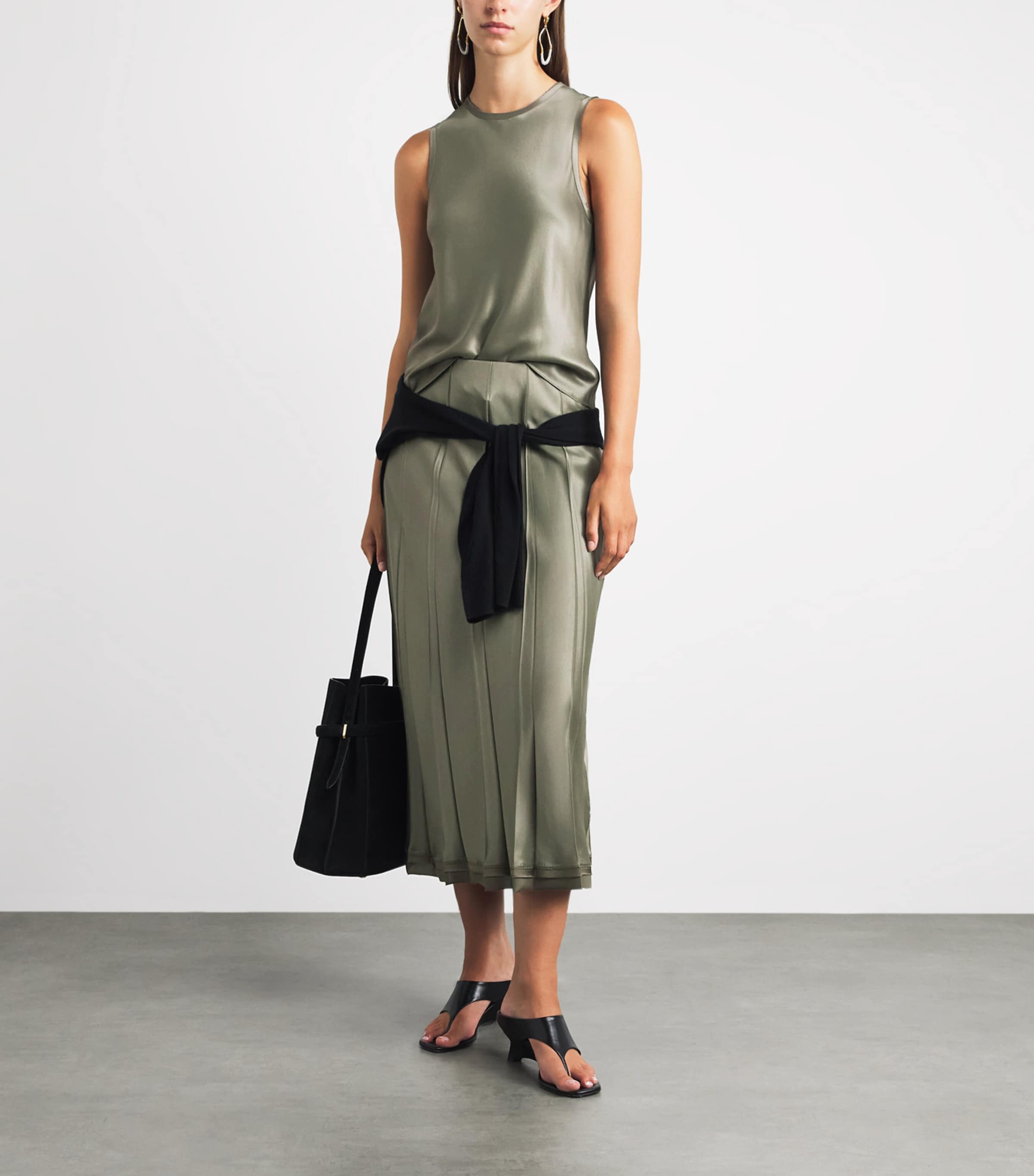 Vince Womens Satin Pleated Midi Skirt Pine Grove Image 2