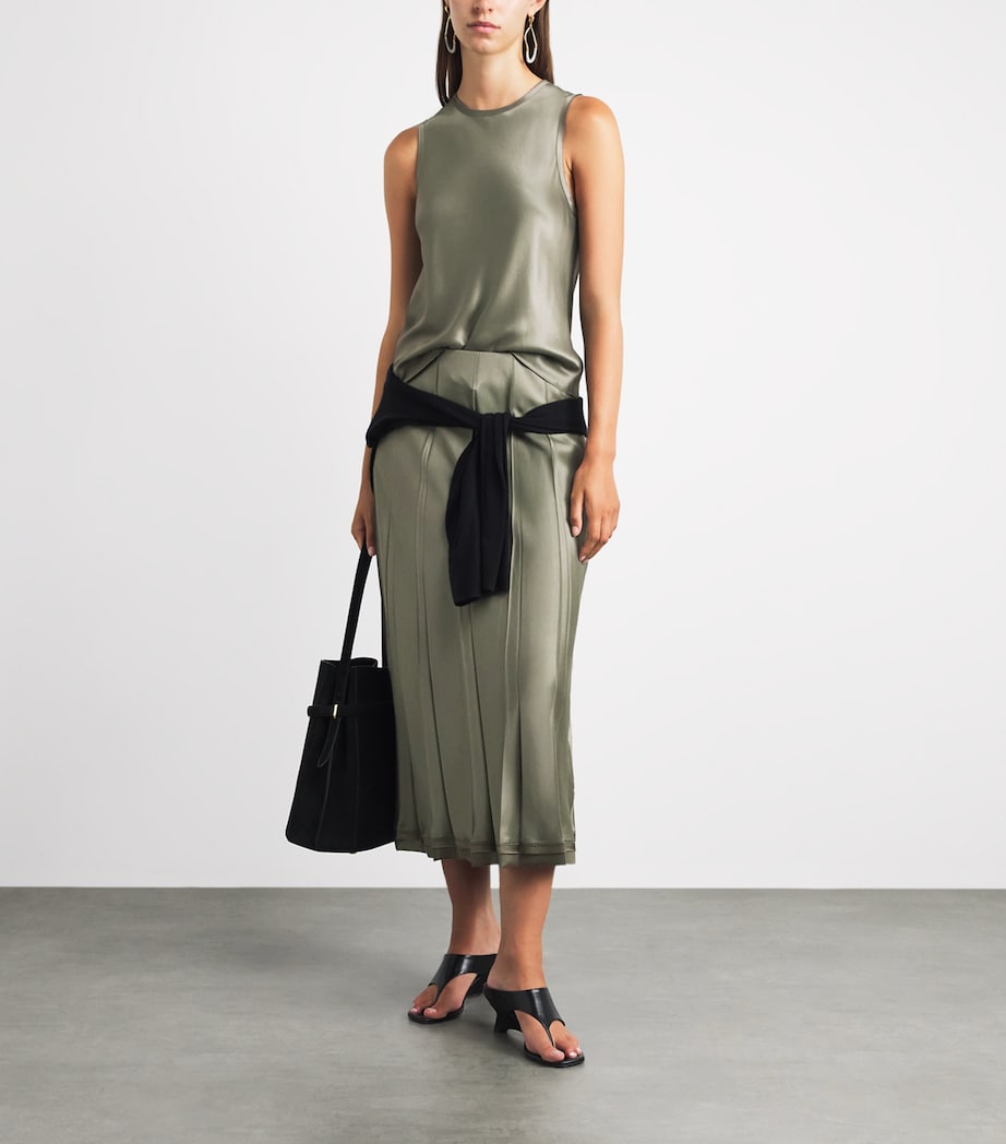 Vince Womens Satin Pleated Midi Skirt Pine Grove Image 2