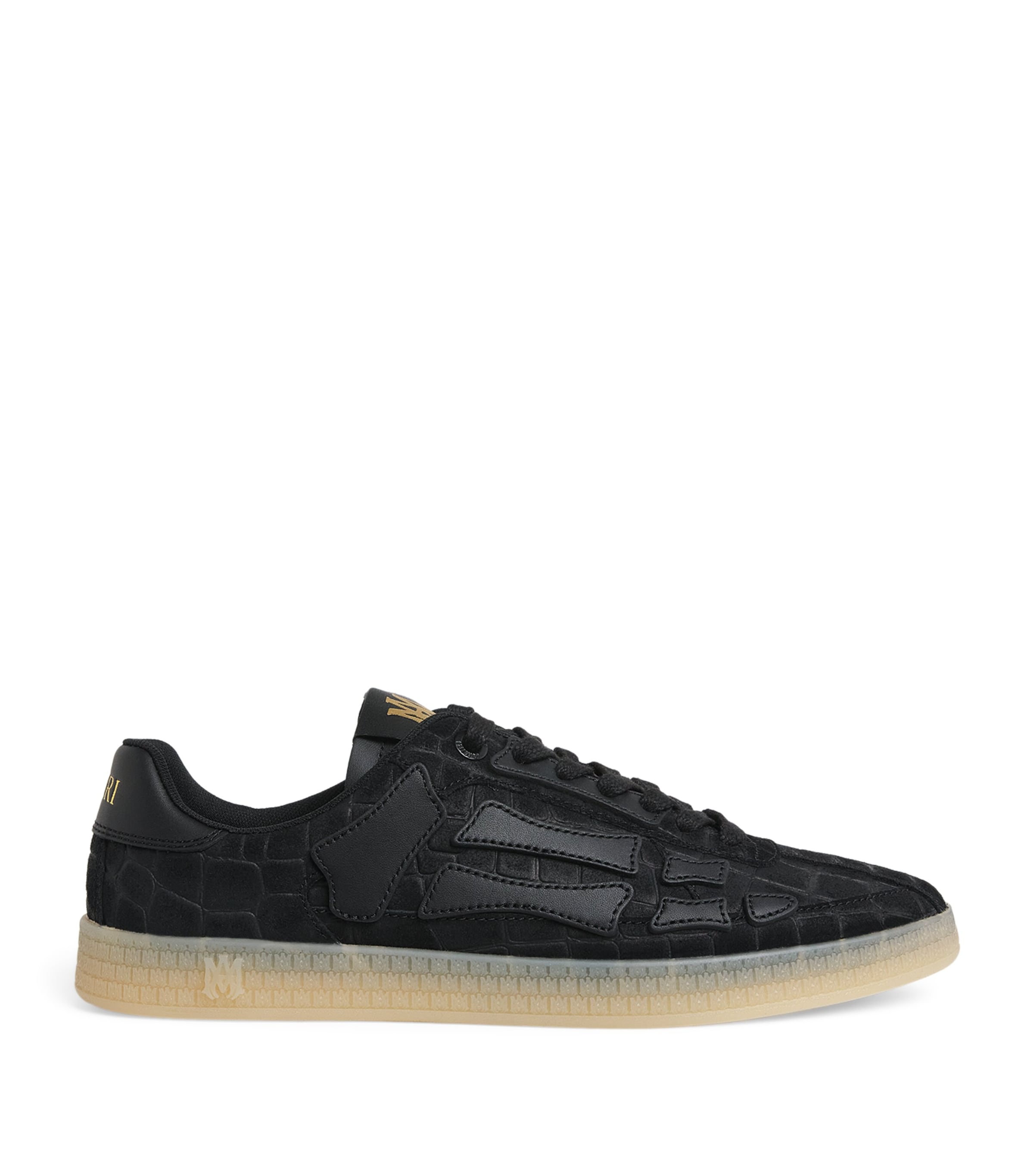 Amiri Pacific Bones Leather-trimmed Croc-effect Suede Sneakers In Black