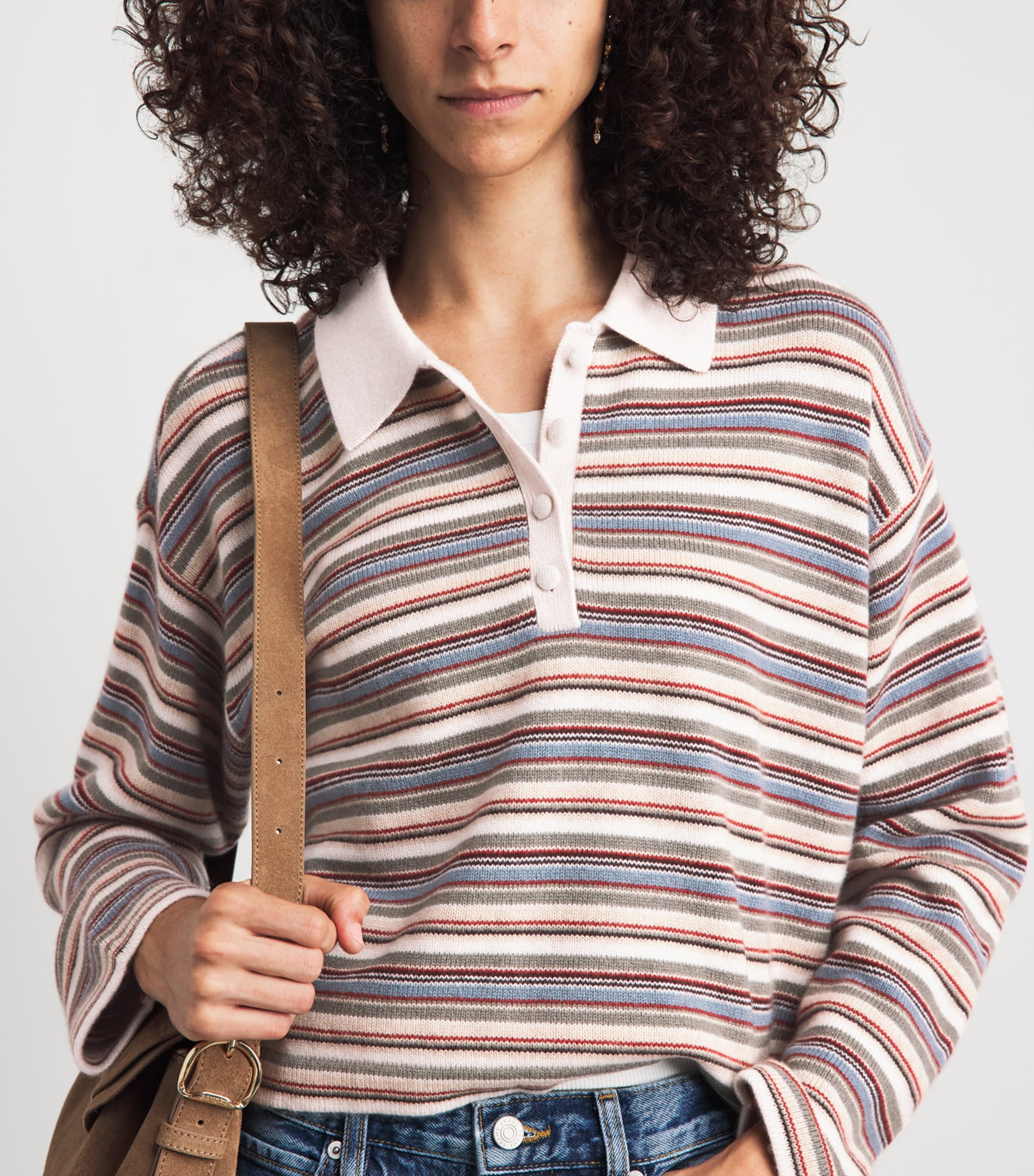 FRAME Womens Wool-Blend Stripe Quad Polo Shirt Sky Blue Multi Image 3