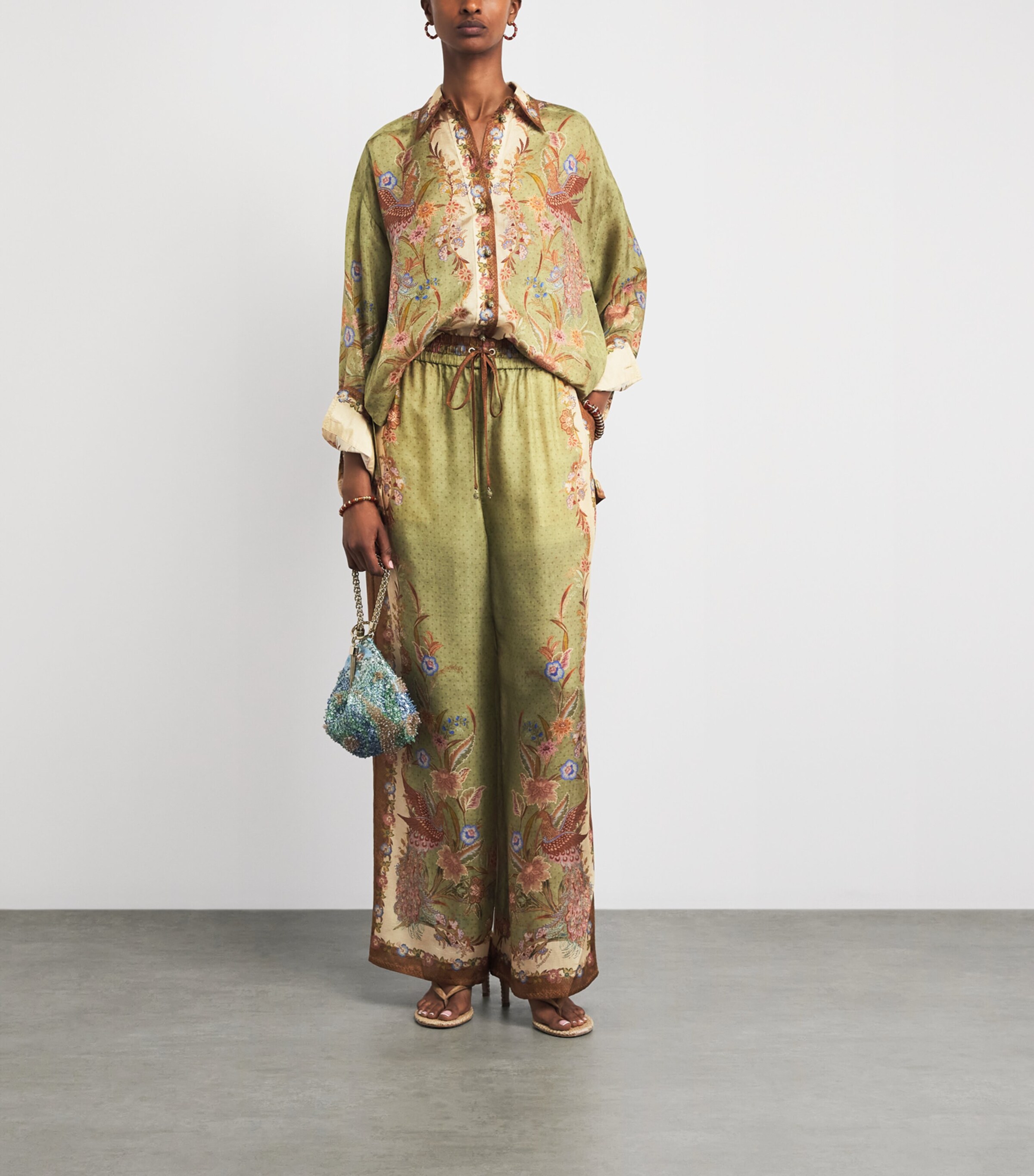 Zimmermann Womens Silk Indra Shirt Khaki Scarf Floral Image 2