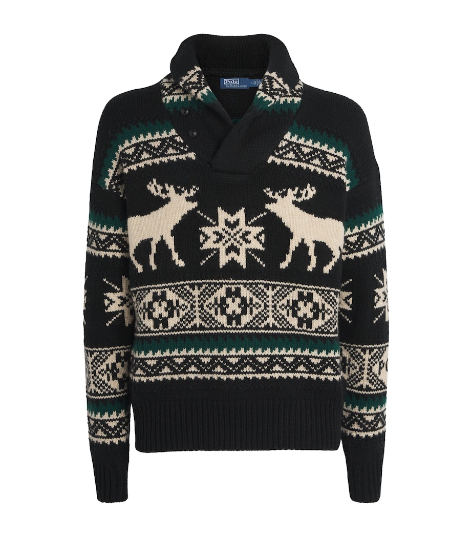 Wool-Blend Shawl-Collar Elk Sweater BLACK Image 1