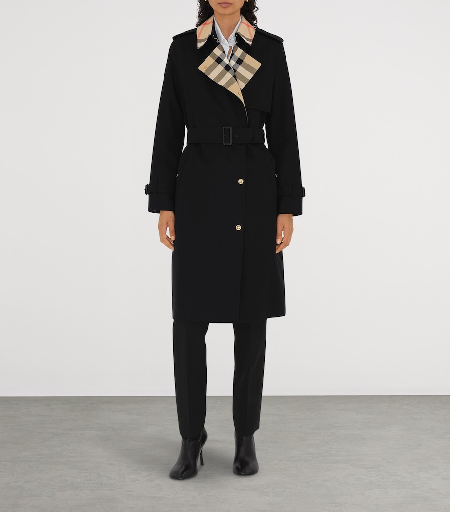 Long Check Gabardine Trench Coat BLACK Image 2