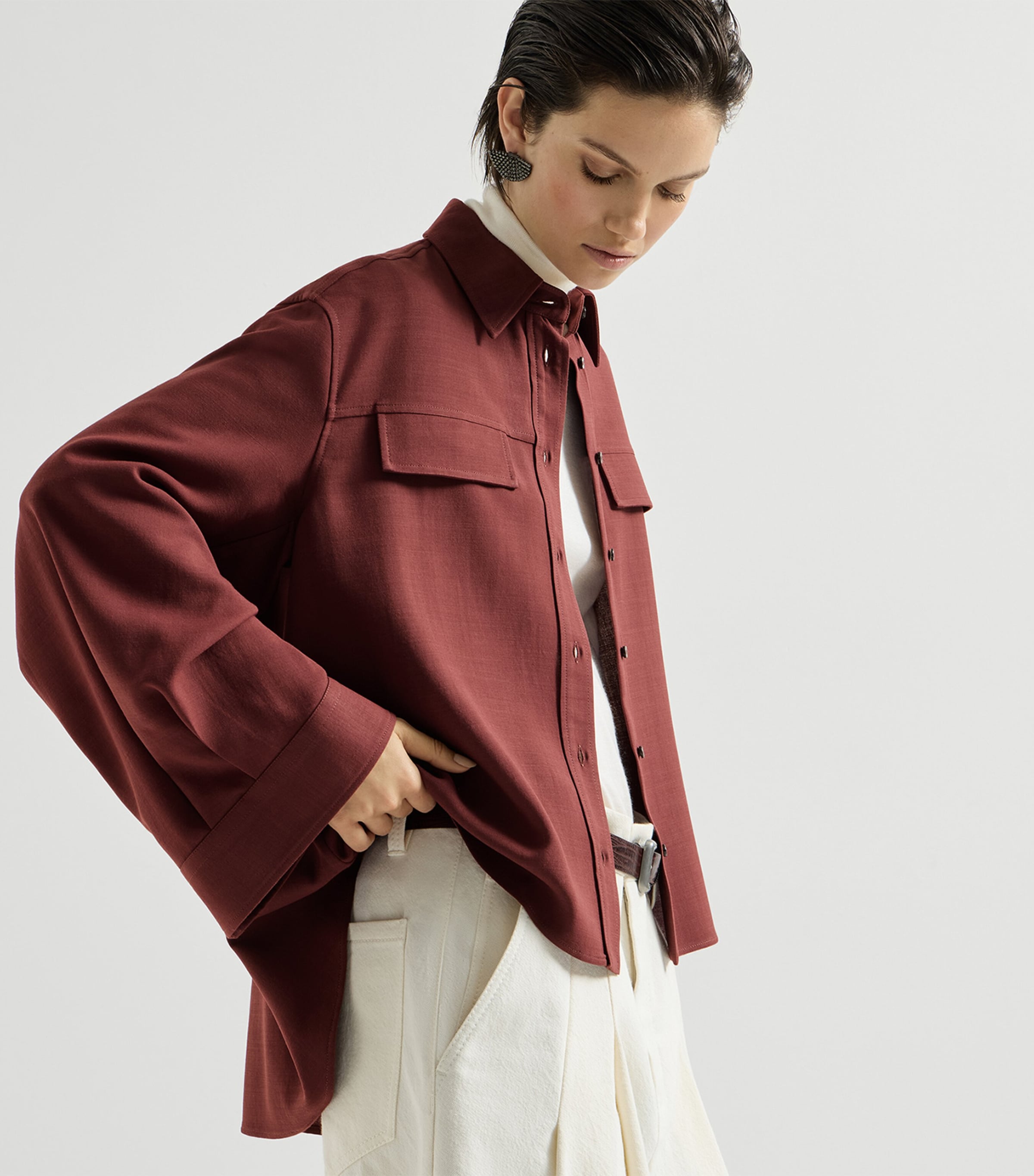 Brunello Cucinelli Womens Virgin Wool-Blend Twill Shirt Cabernet Image 2