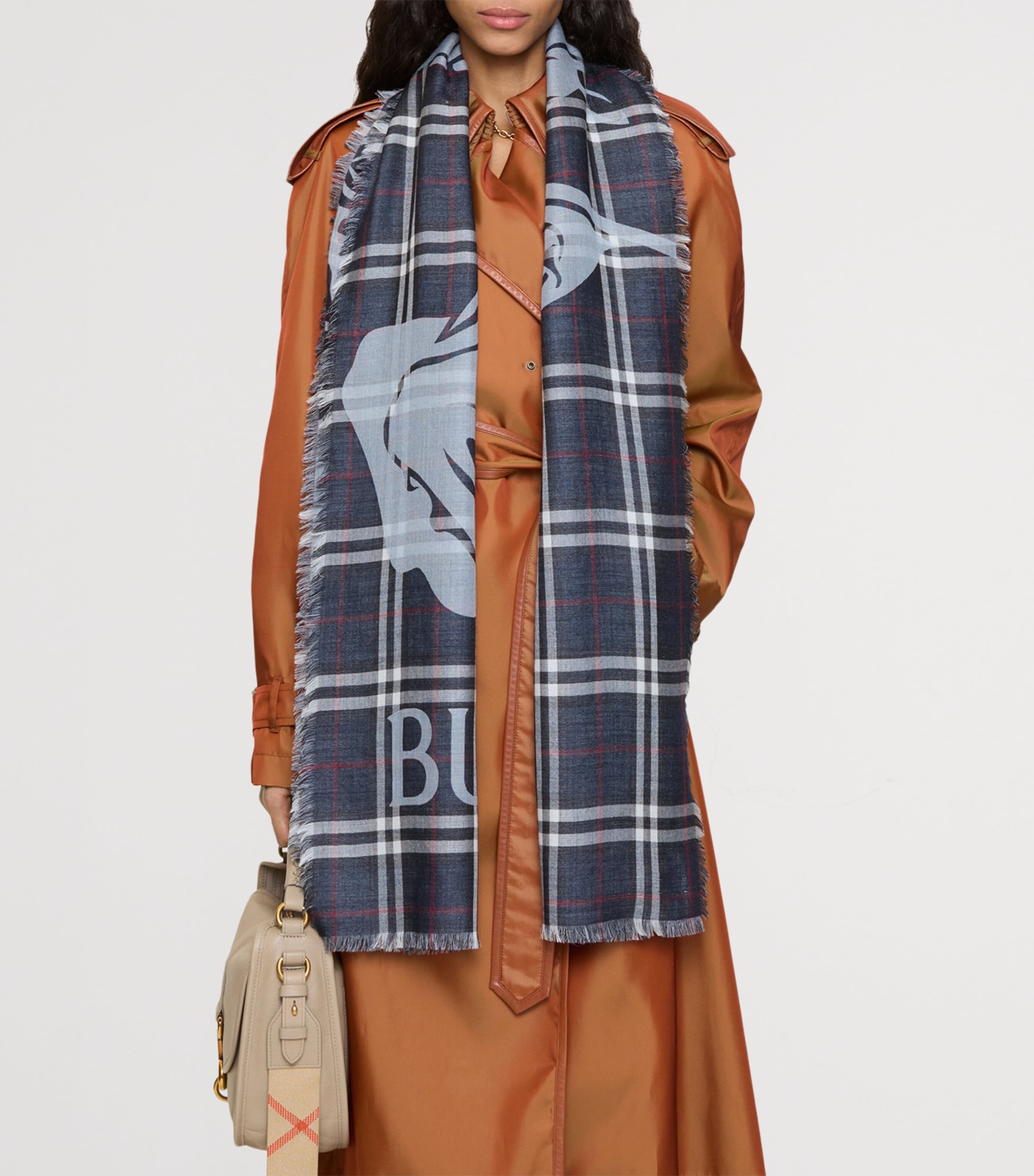 Wool-Silk Wide EKD Check Scarf INK BLUE Image 2