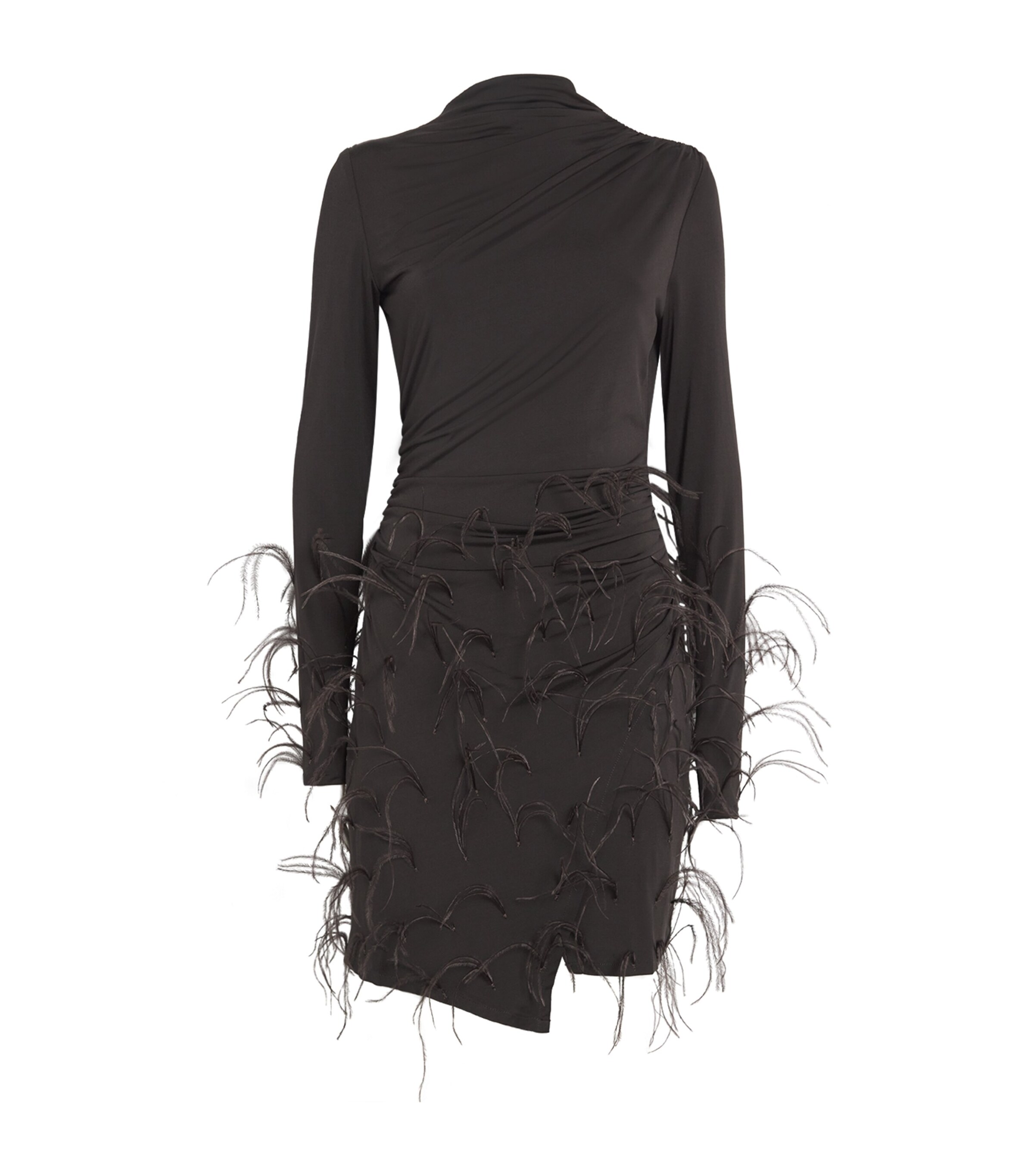 Lapointe Lightweight Jersey Long Sleeve Draped Ostrich Mini Dress In Brown