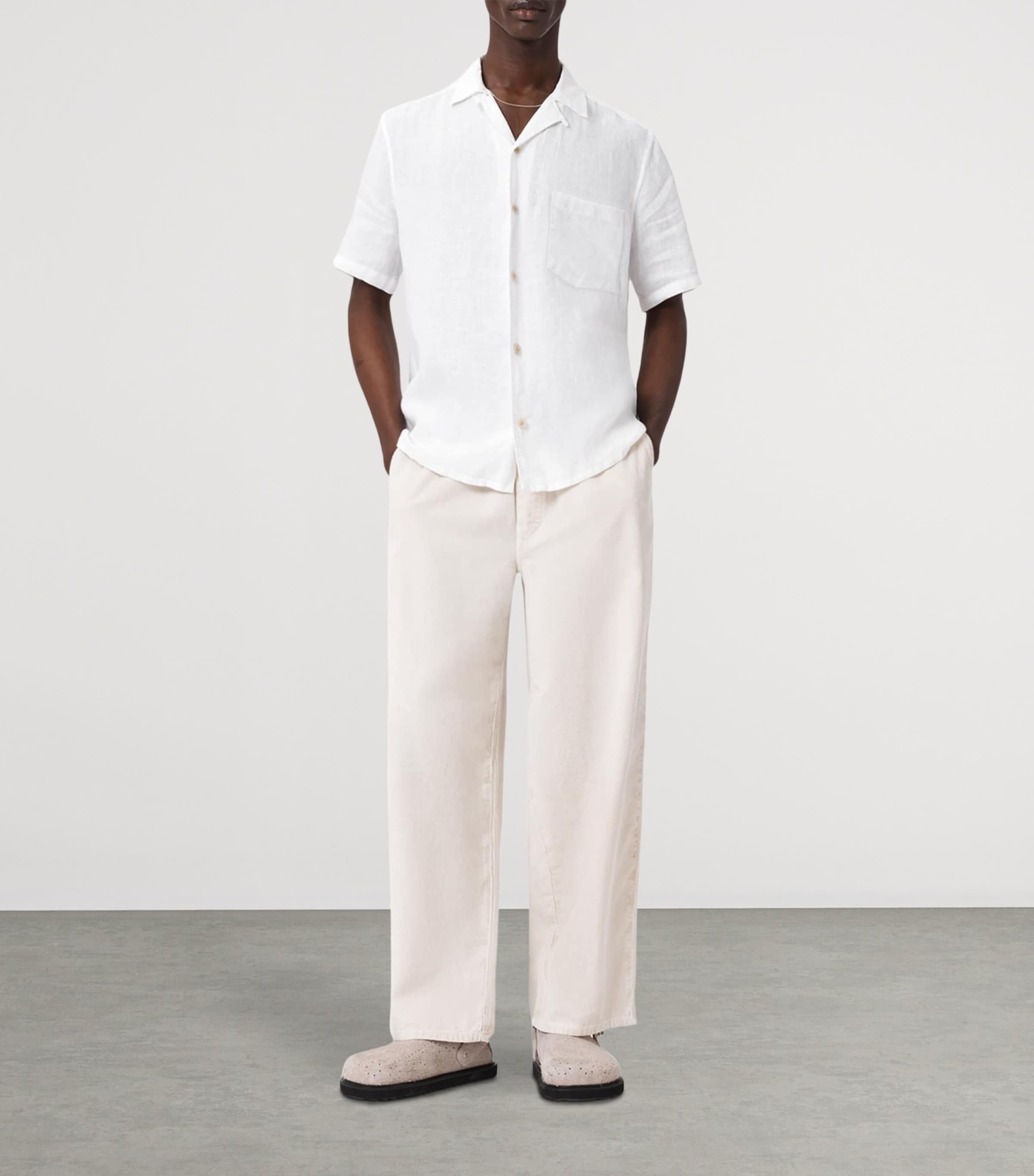 AllSaints Mens Linen Embroidered Tri Shirt Ecru Image 2