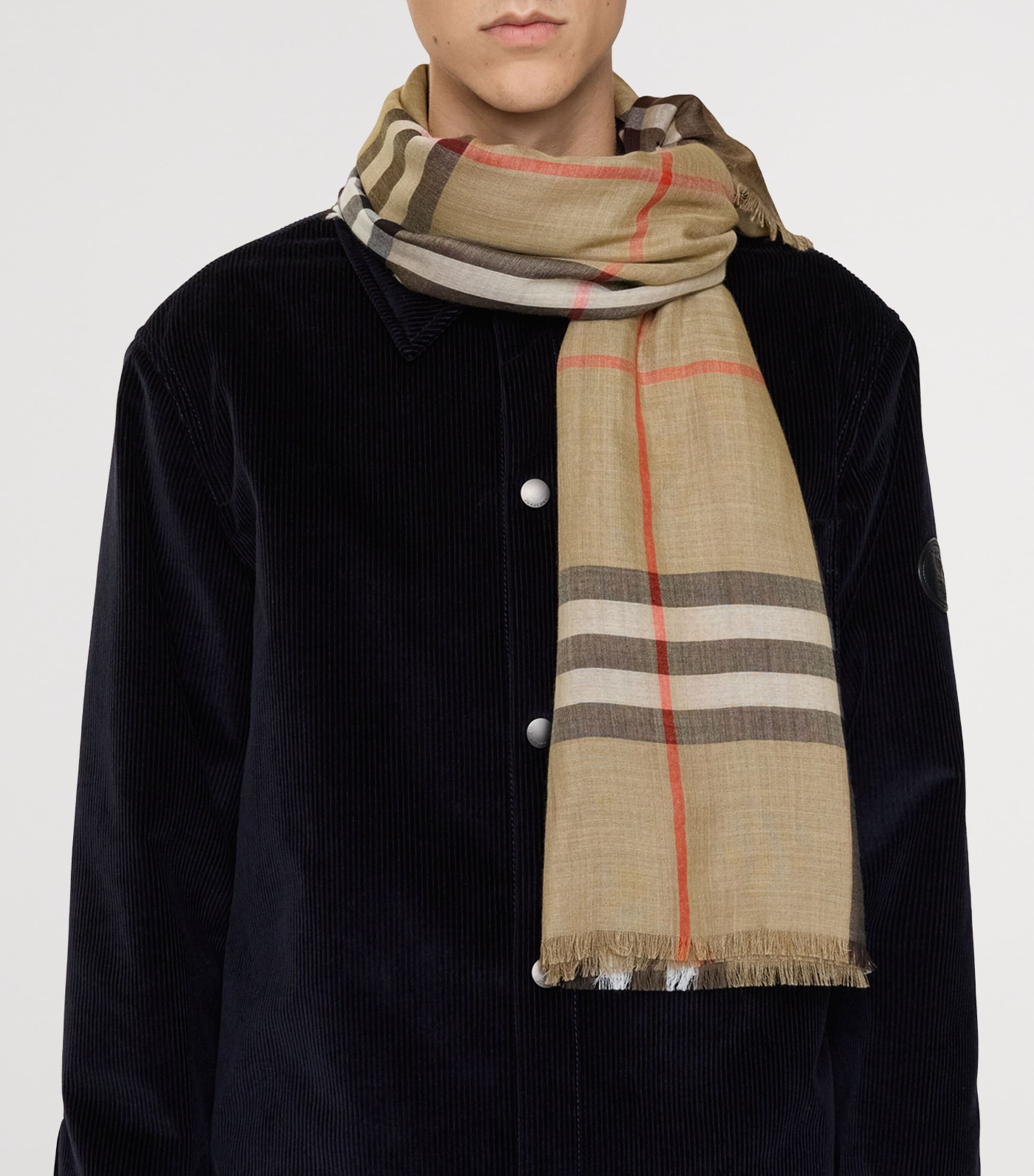 Wool-Silk Reversible Check Scarf SAND/VOLE BROWN Image 5