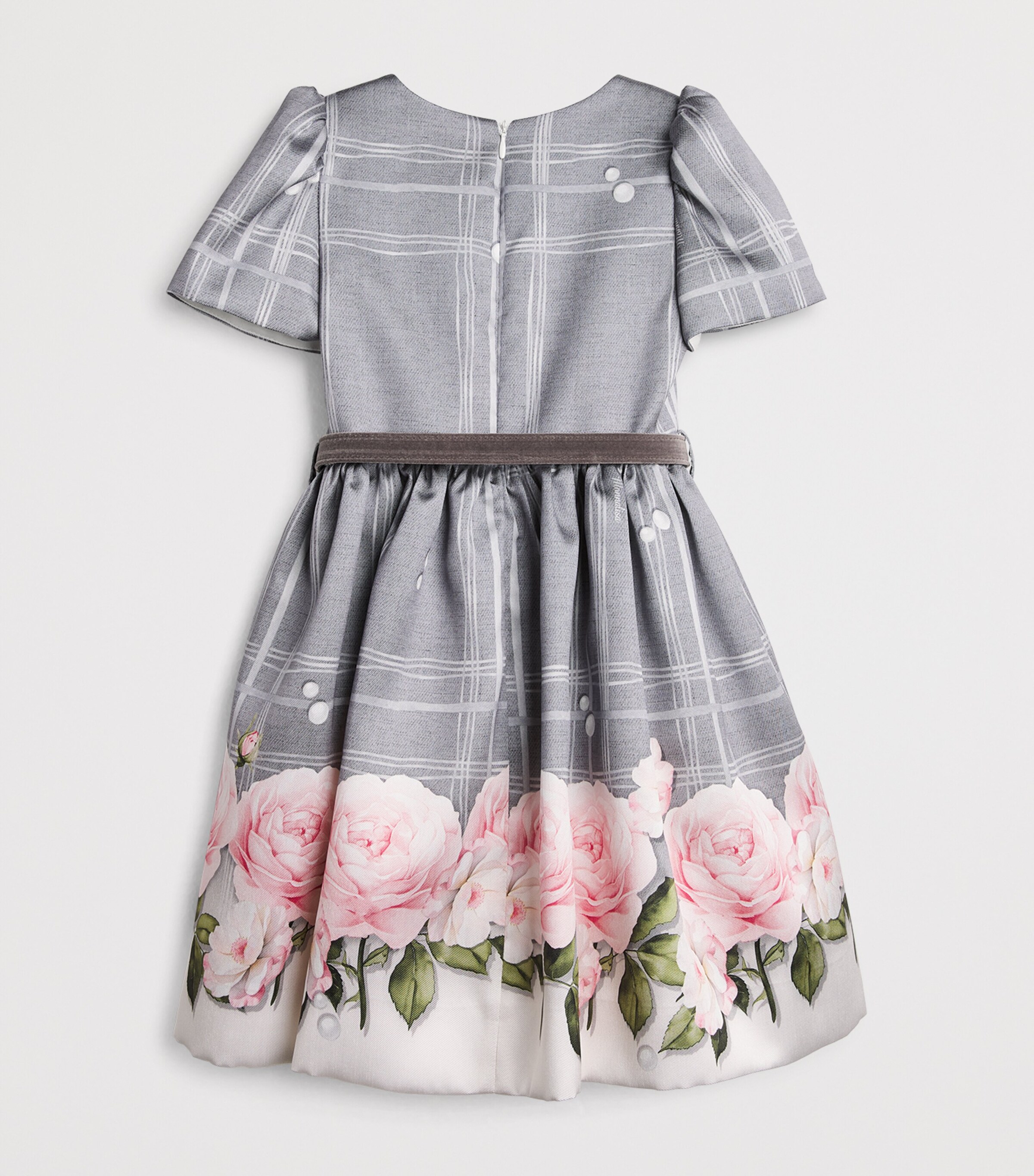 Monnalisa Rose Print Mikado Dress (4-14 Years) Grigio Image 2