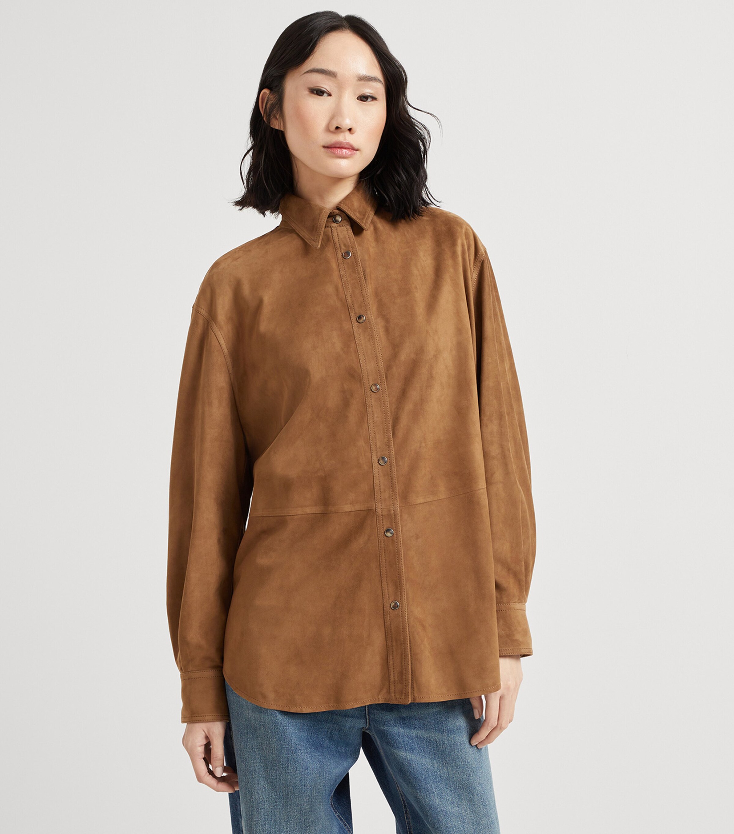 Brunello Cucinelli Womens Suede Monili-Trim Shirt Image 2