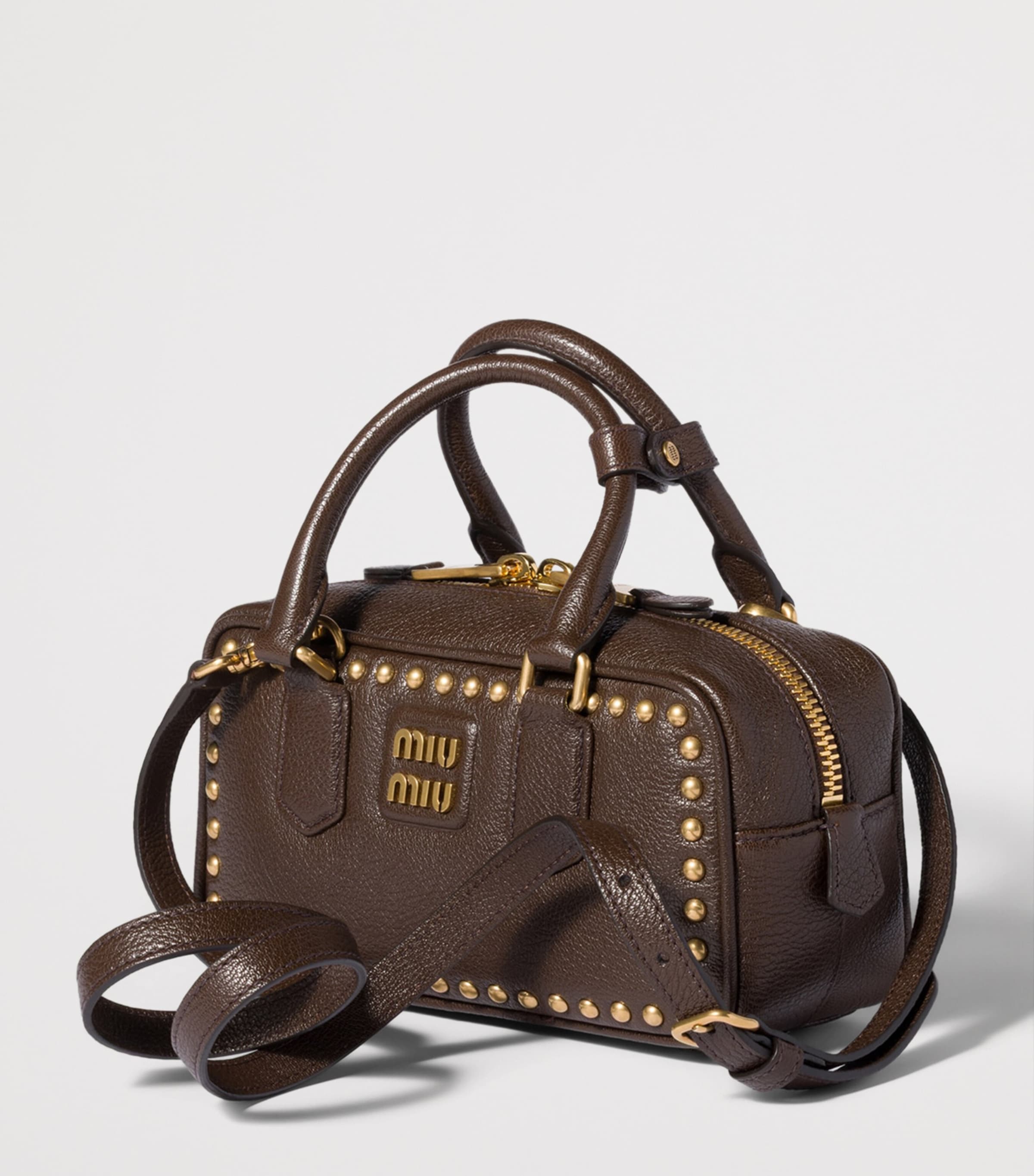 Miu Miu Leather Studded Arcadie Top-Handle Bag Brown Image 3