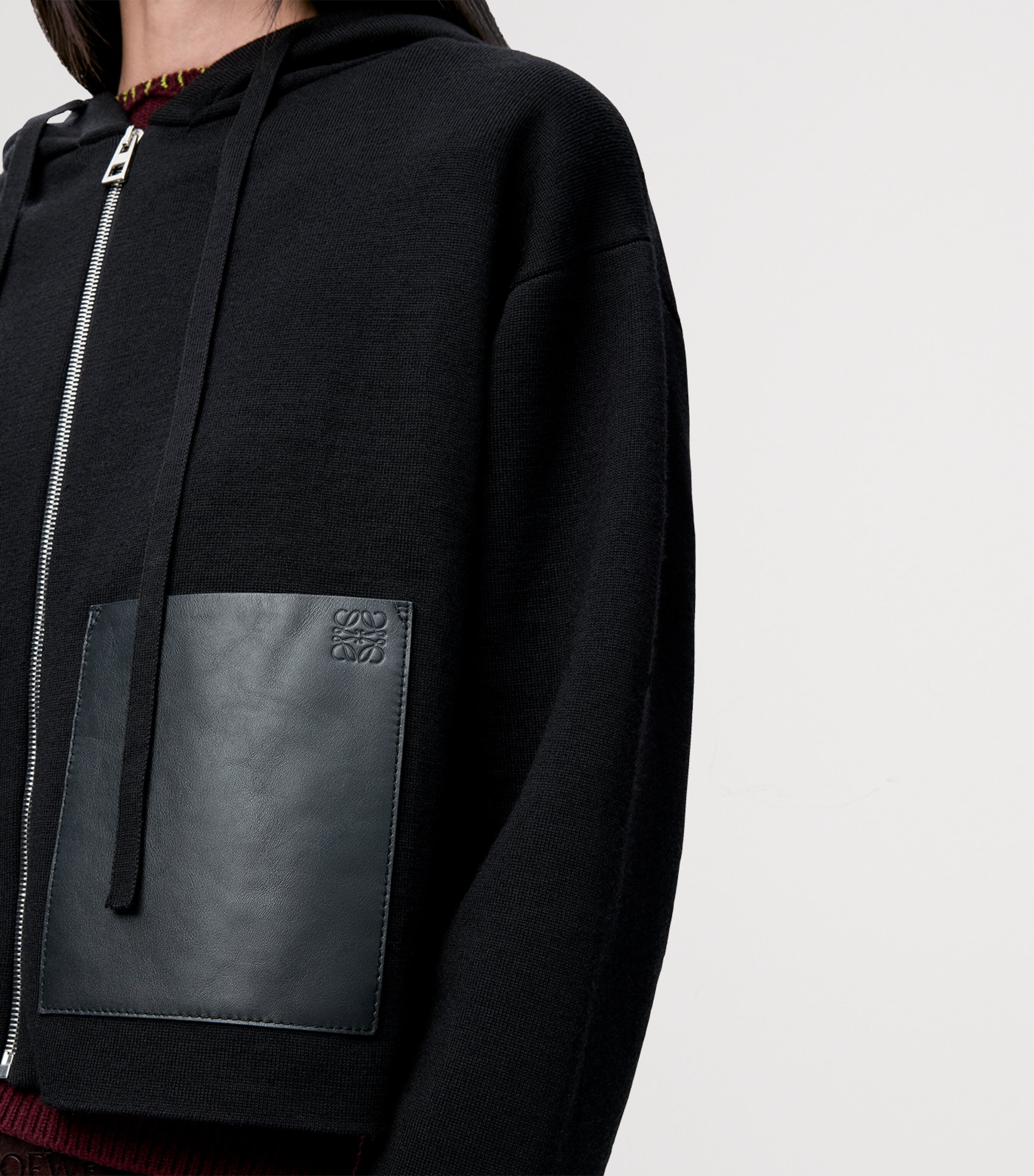 Wool Leather-Pocket Hoodie BLACK Image 5