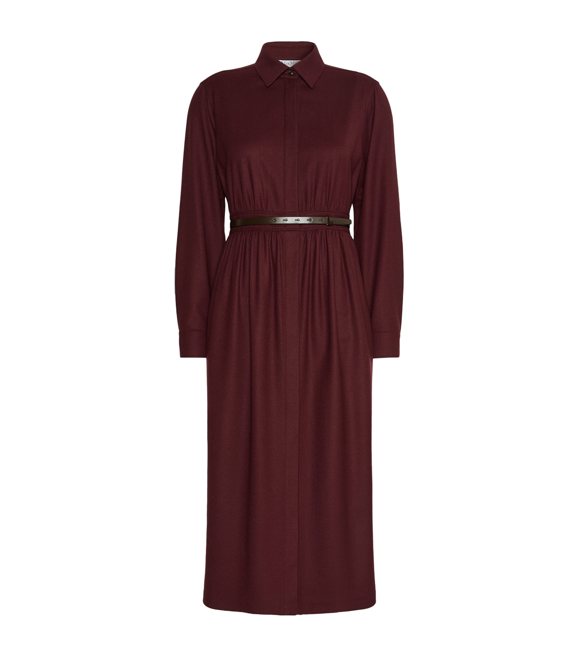 Max Mara Womens Stretch-Virgin Wool Belted Shirt Dress Wine Coloured Image 1
