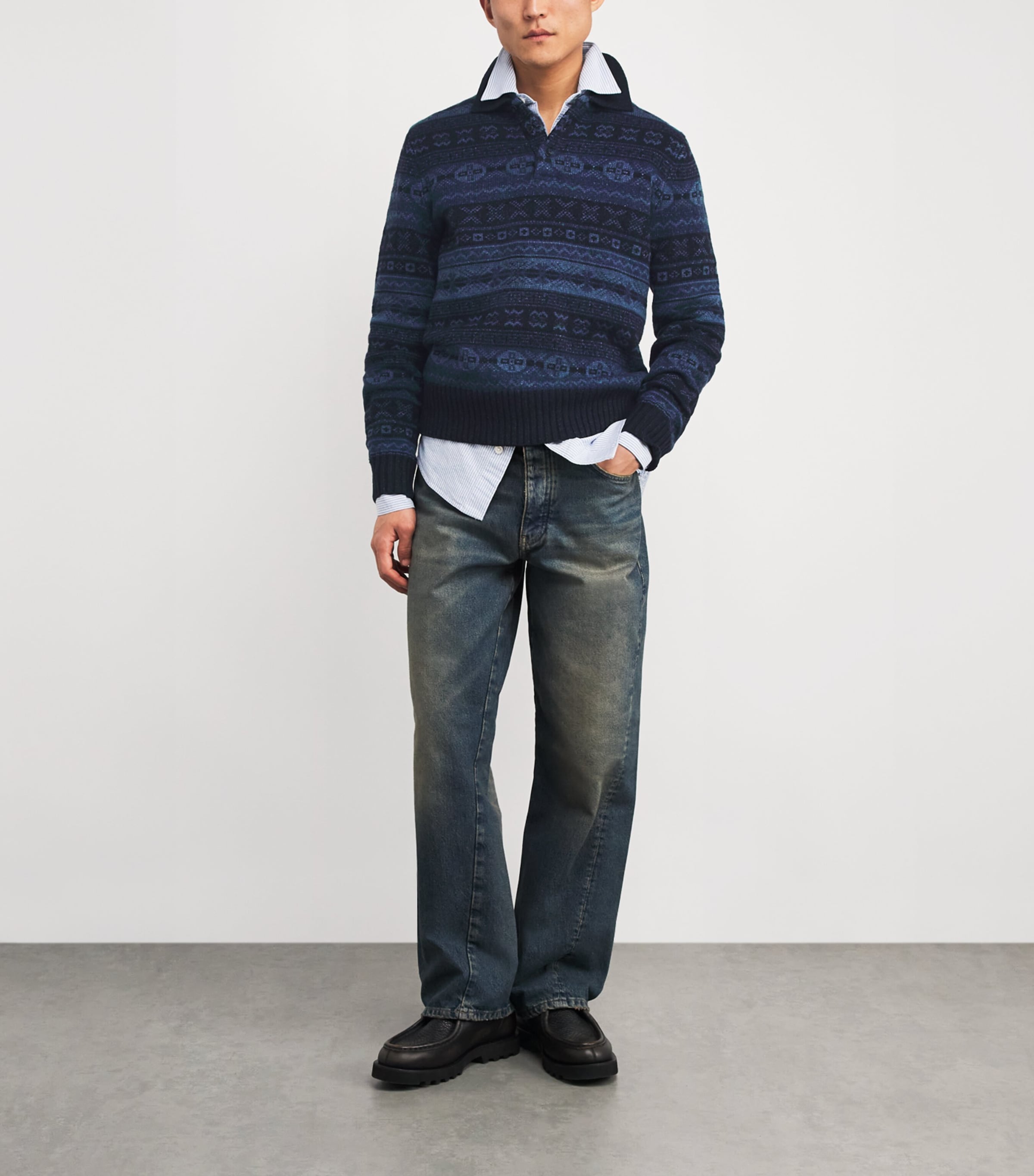 Wool-Linen Fair Isle Polo Sweater NAVY MULTI Image 2