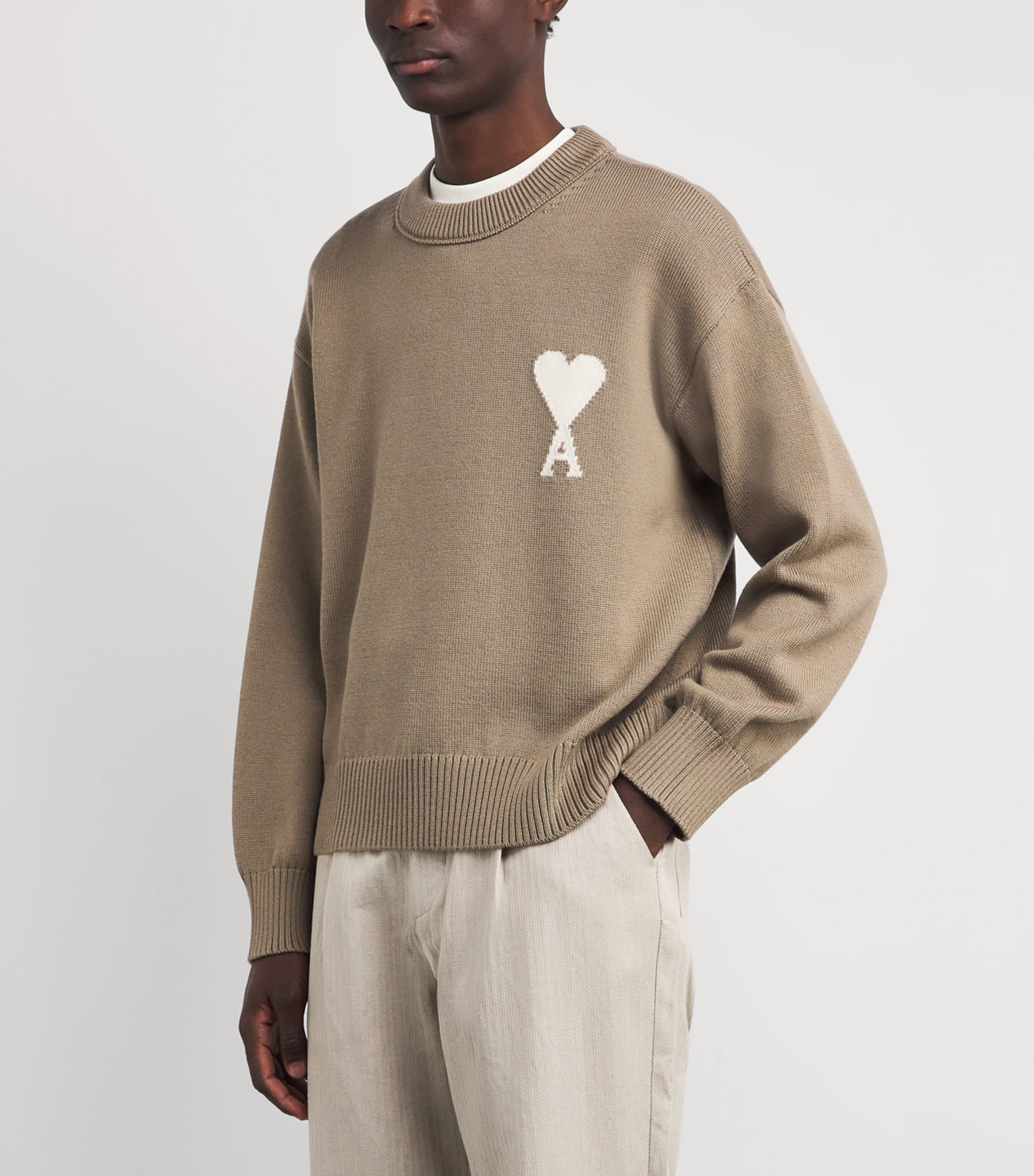 AMI Paris Mens Wool-Cotton Ami de Coeur Sweater Bge Taupe/ecru Image 4