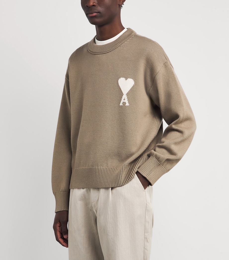 AMI Paris Mens Wool-Cotton Ami de Coeur Sweater Bge Taupe/ecru Image 4