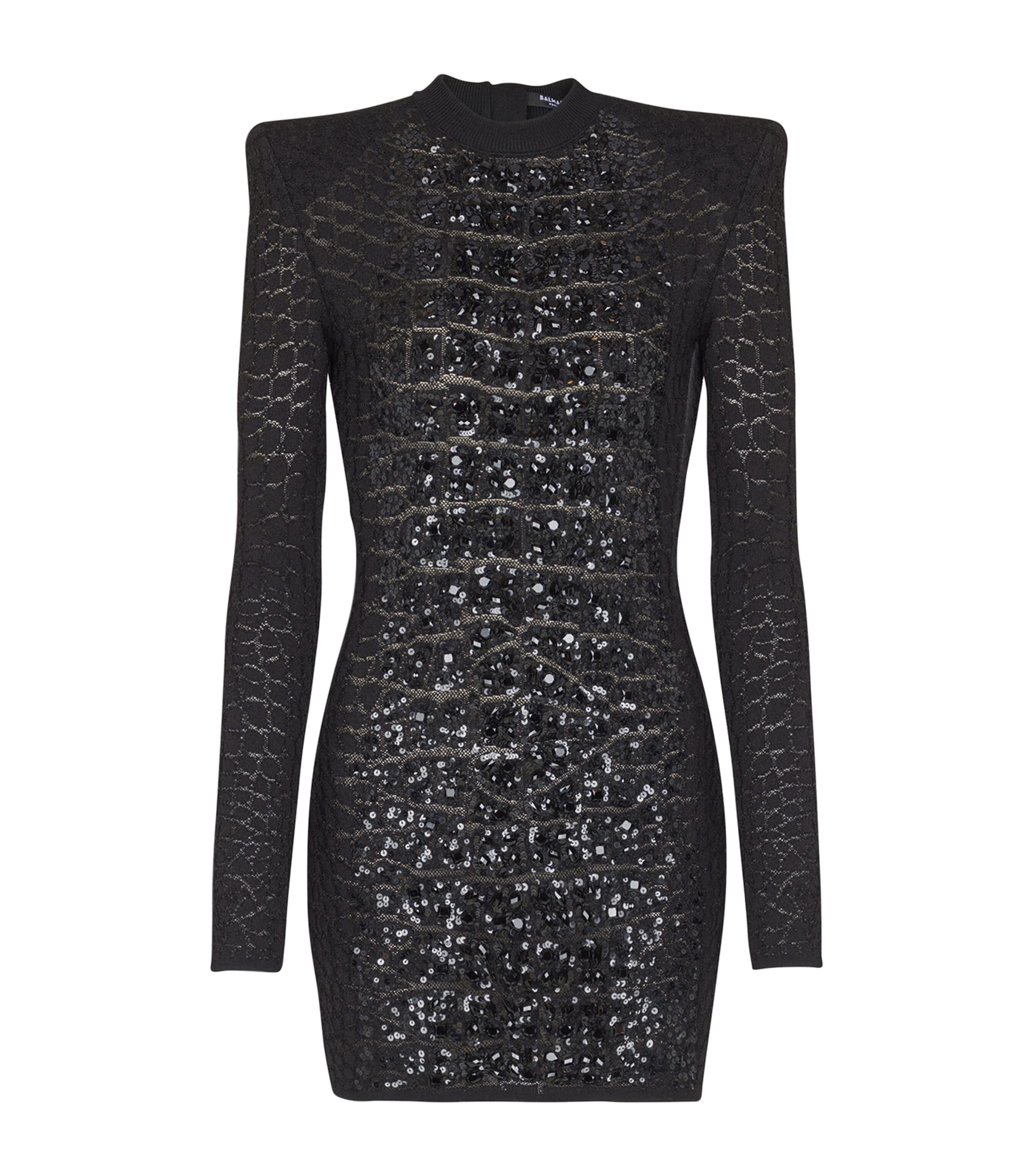 Balmain Sequin-embellished Crocodile-knit Mini Dress In Black