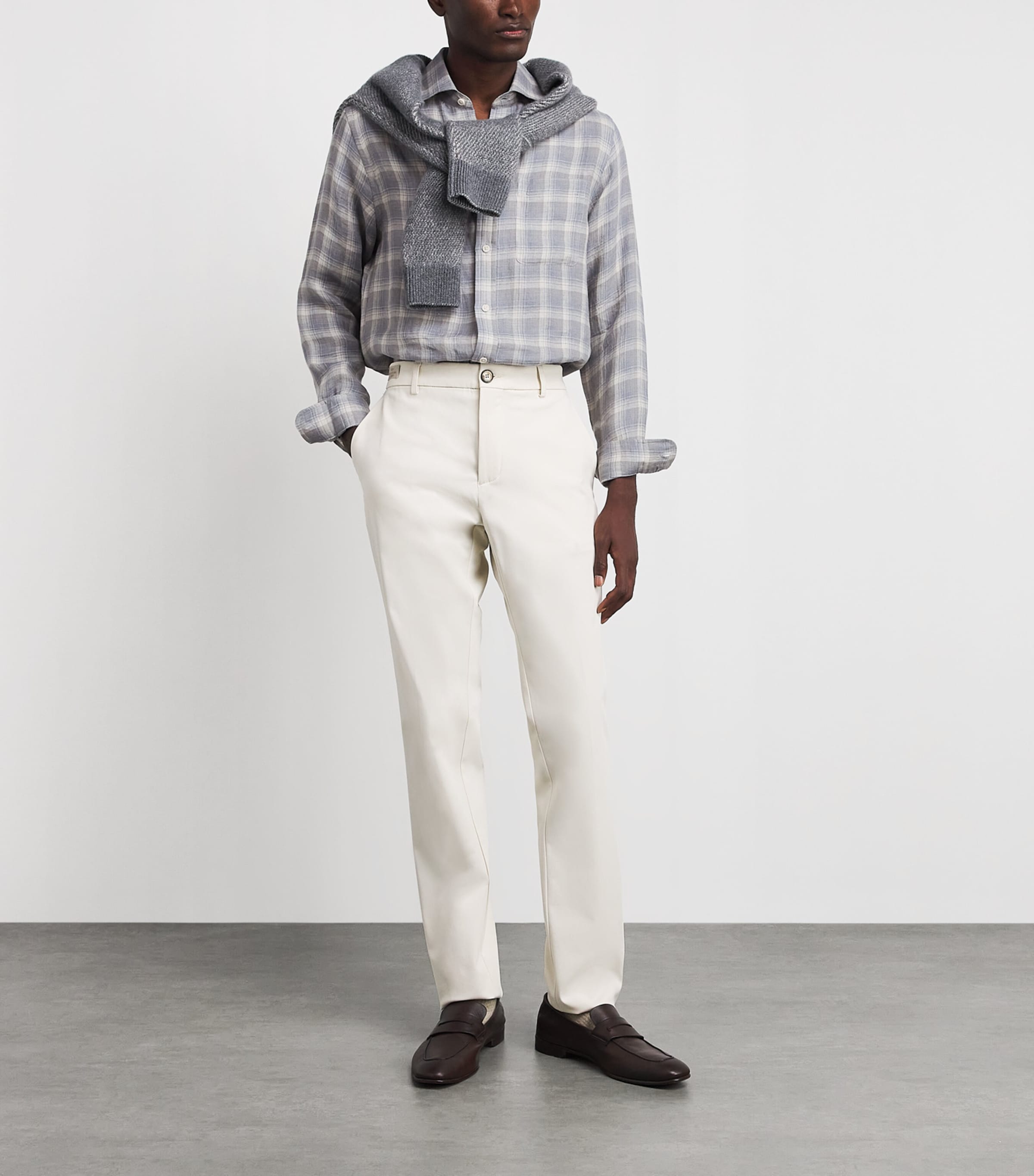 Ralph Lauren Purple Label Mens Linen Check Shirt Pearl Grey Image 2