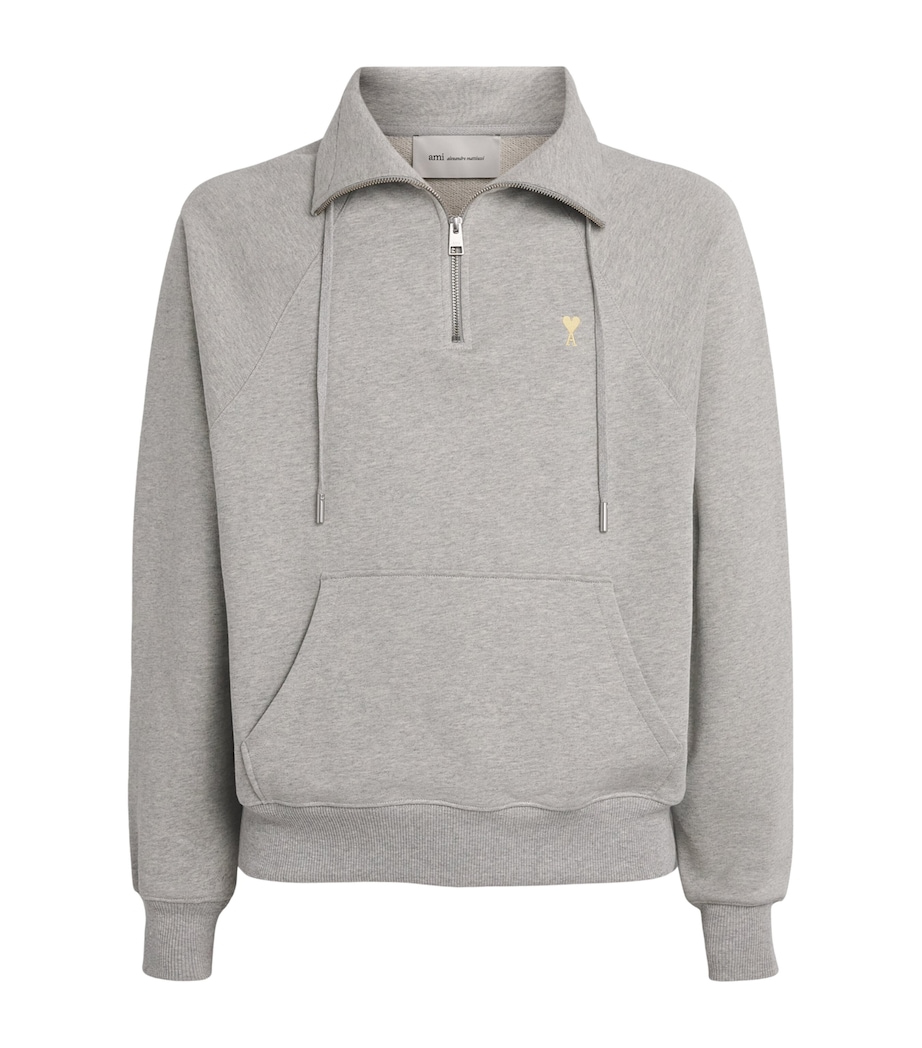 AMI Paris Mens Cotton Logo Quarter-Zip Sweatshirt Gris Chine Clair Image 1
