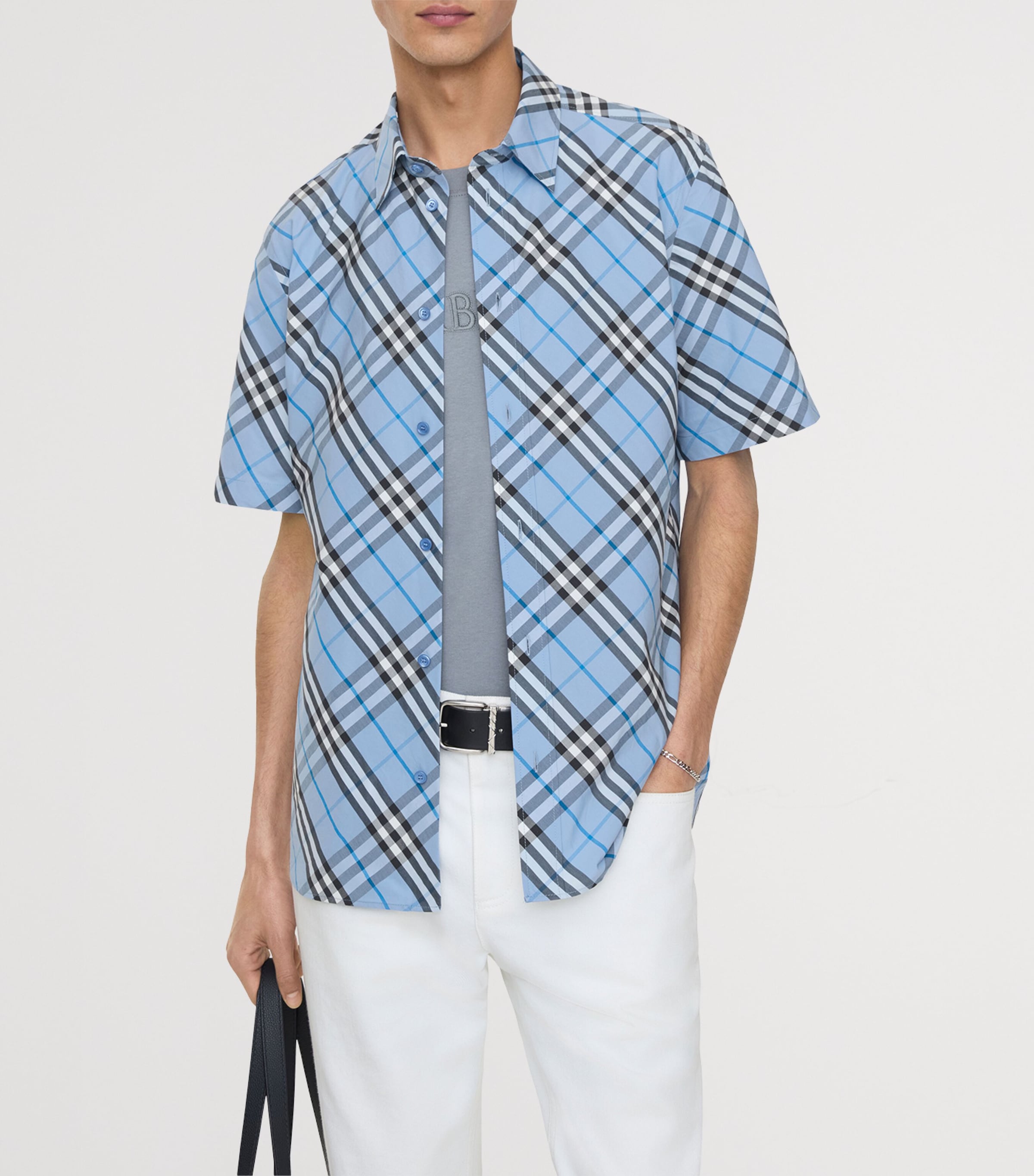 Burberry Mens Check-Print Short-Sleeve Shirt Cornflower Blu Ip Ck Image 2