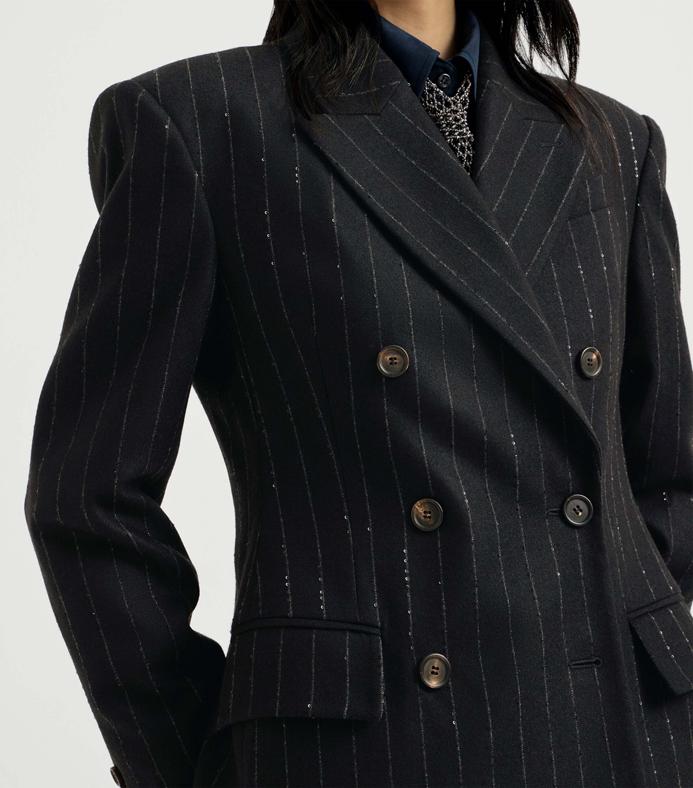 Brunello Cucinelli Womens Virgin Wool-Blend Sequin Pinstripe Blazer Image 6