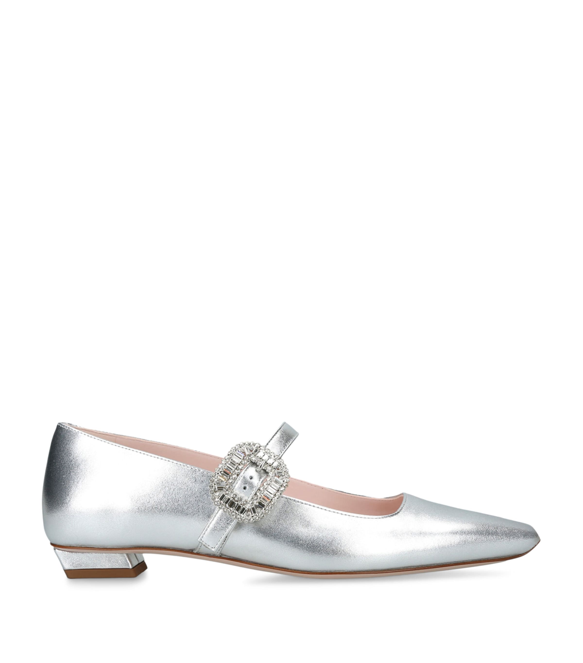 Roger Vivier Belle Vivier Metallic Leather Crystal Buckle Mary Jane Ballerina Flats In Silver
