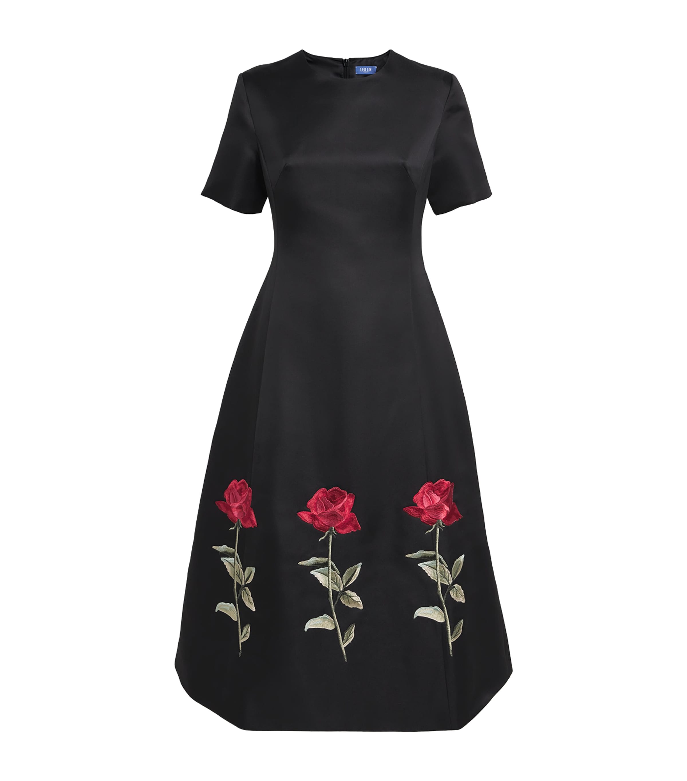 Leo Lin Rose-embroidered Caroline Midi Dress In Black