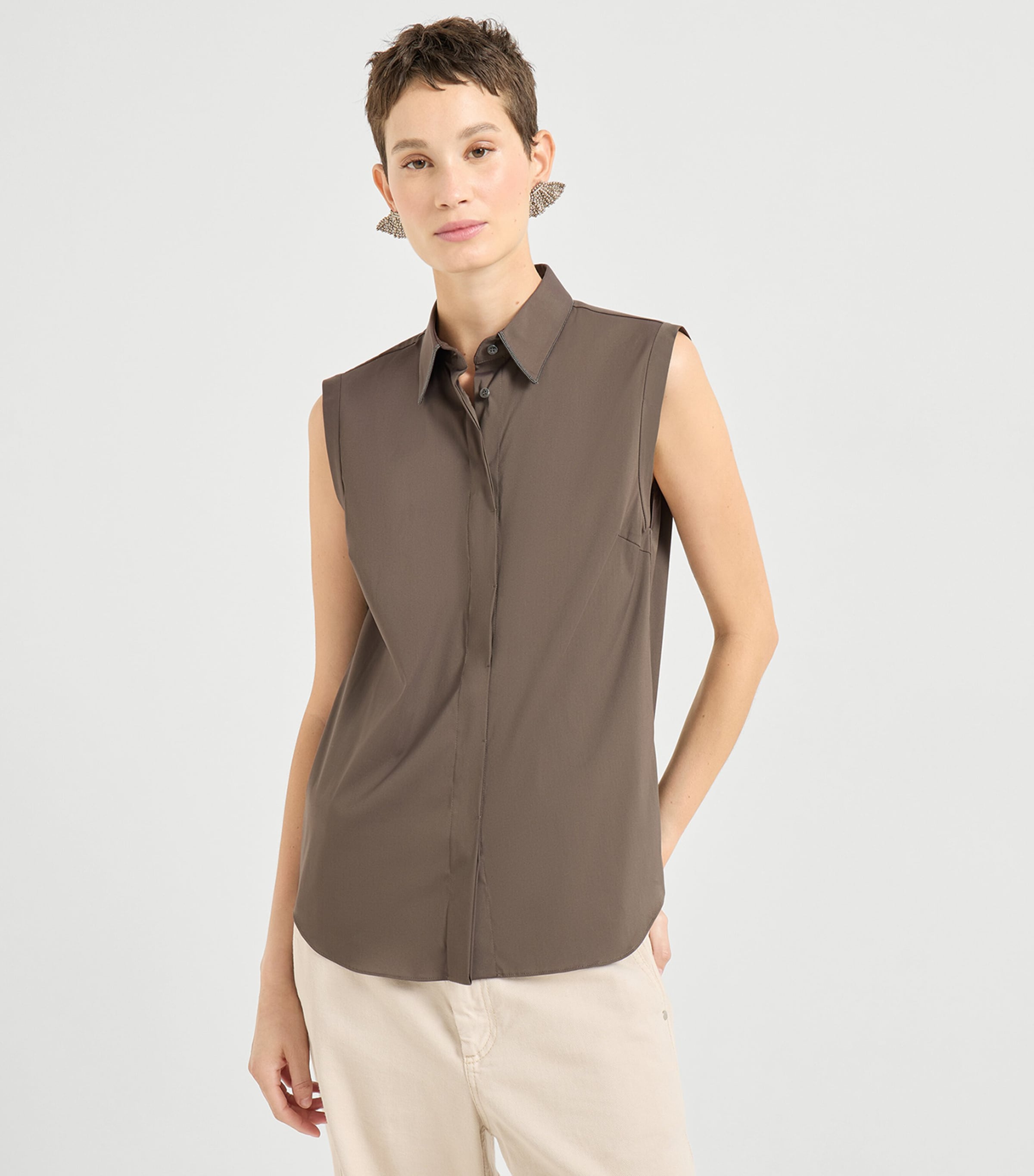 Brunello Cucinelli Womens Cotton-Blend Poplin Sleeveless Shirt Image 3