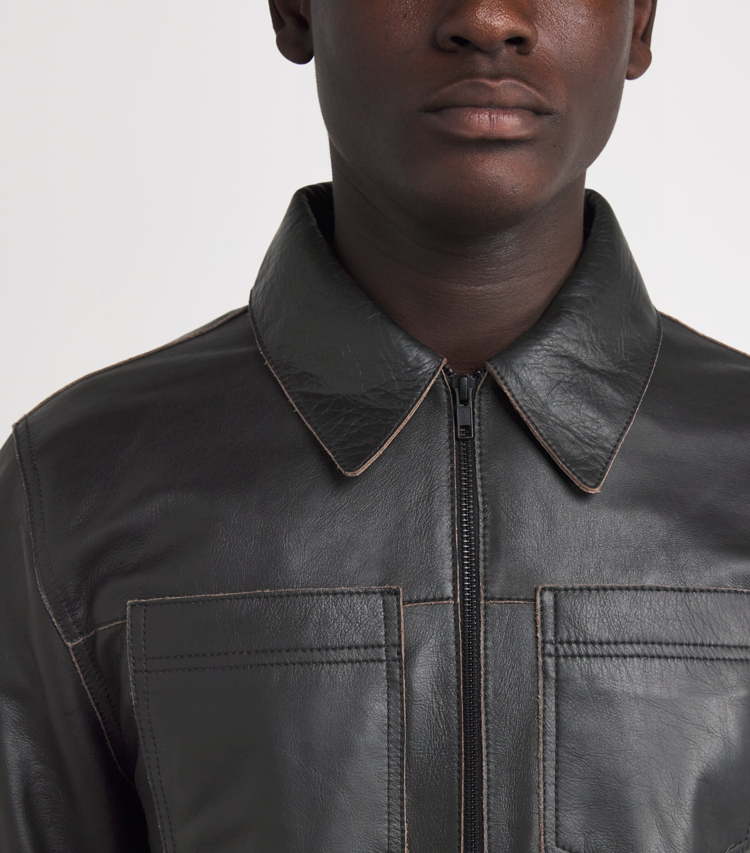 Contrast Stitch Leather Jacket BLACK Image 6
