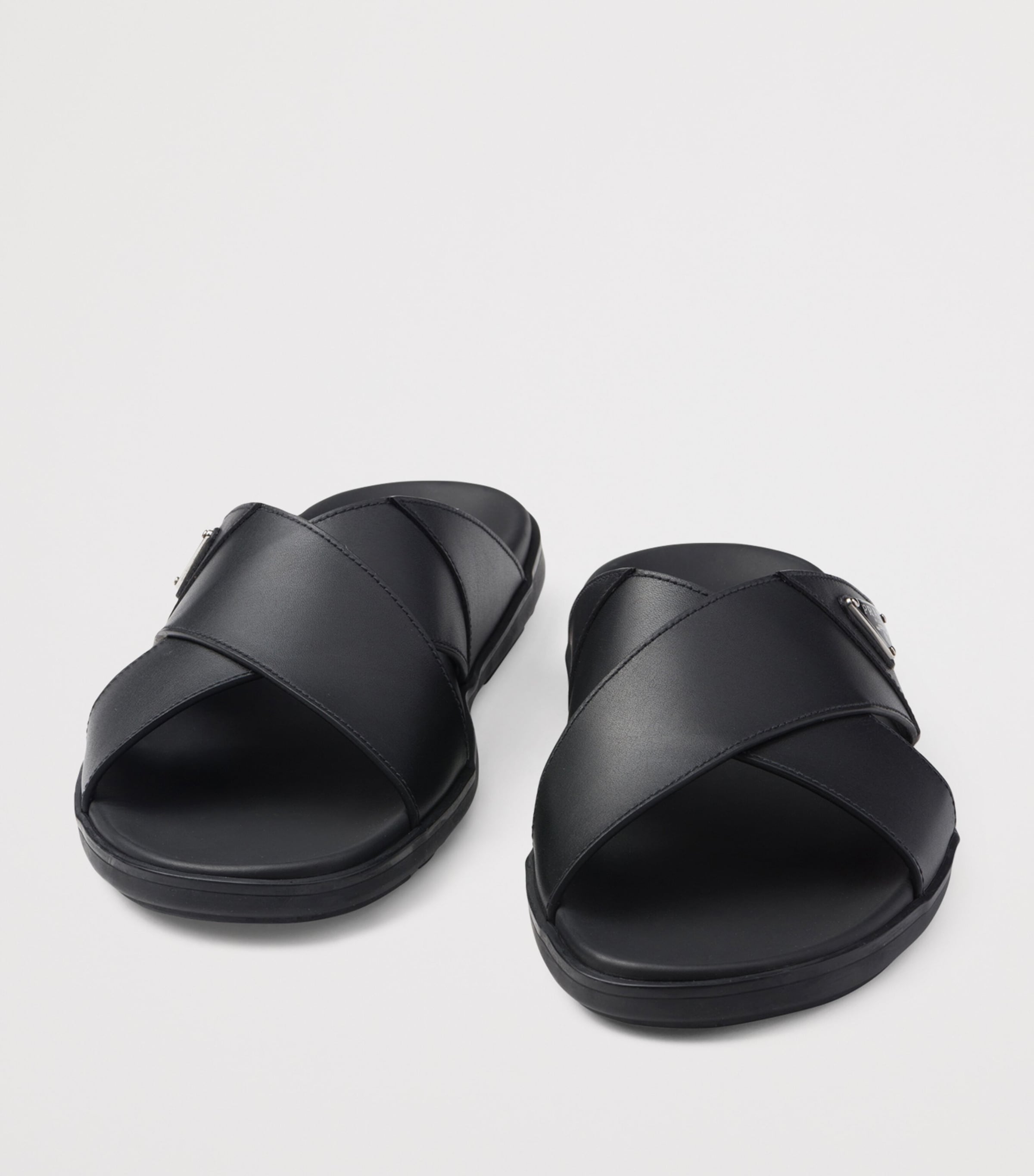 Prada Leather Crisscross Logo Slides Image 6