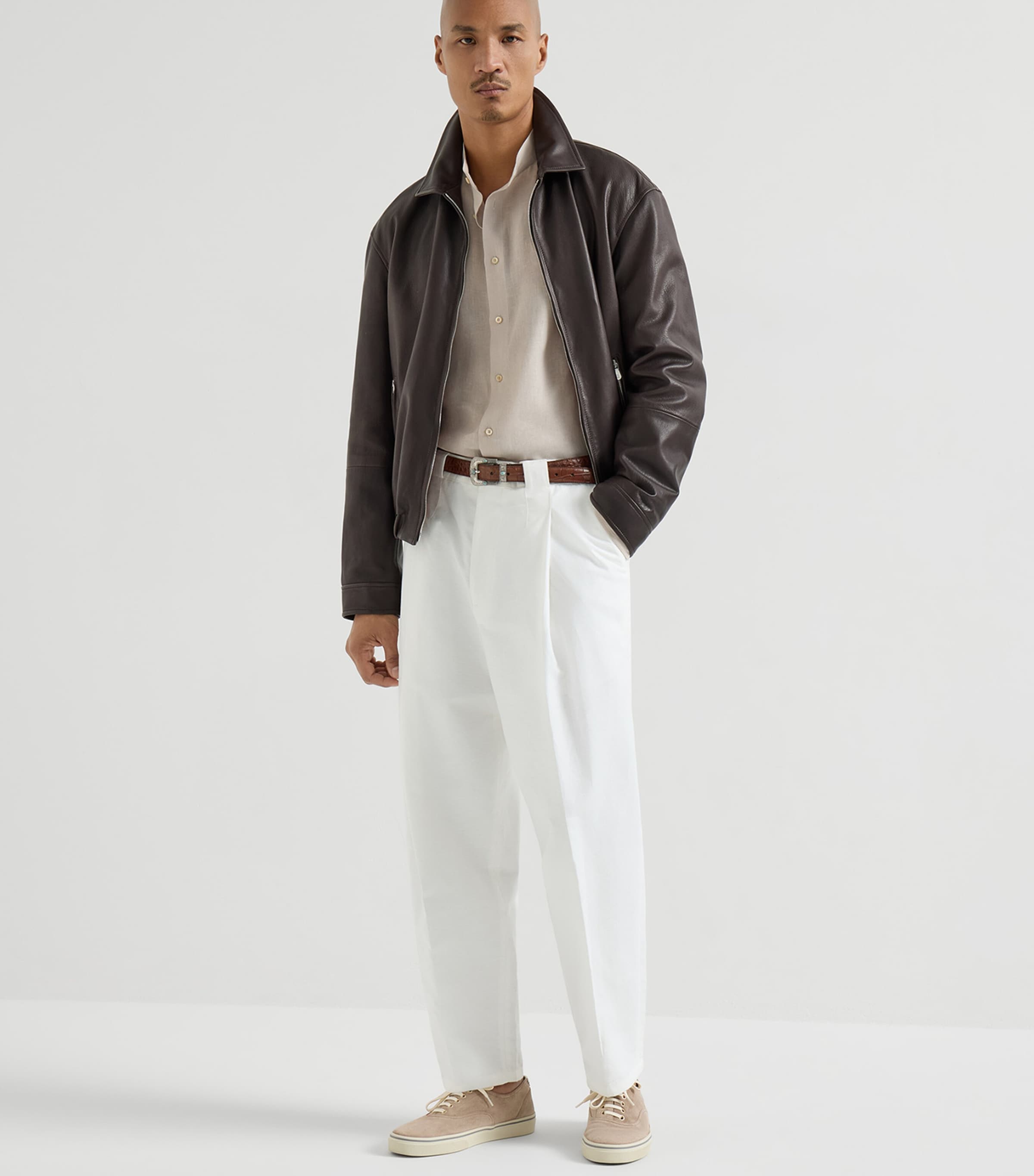 Brunello Cucinelli Mens Linen Mandarin Collar Shirt Image 2