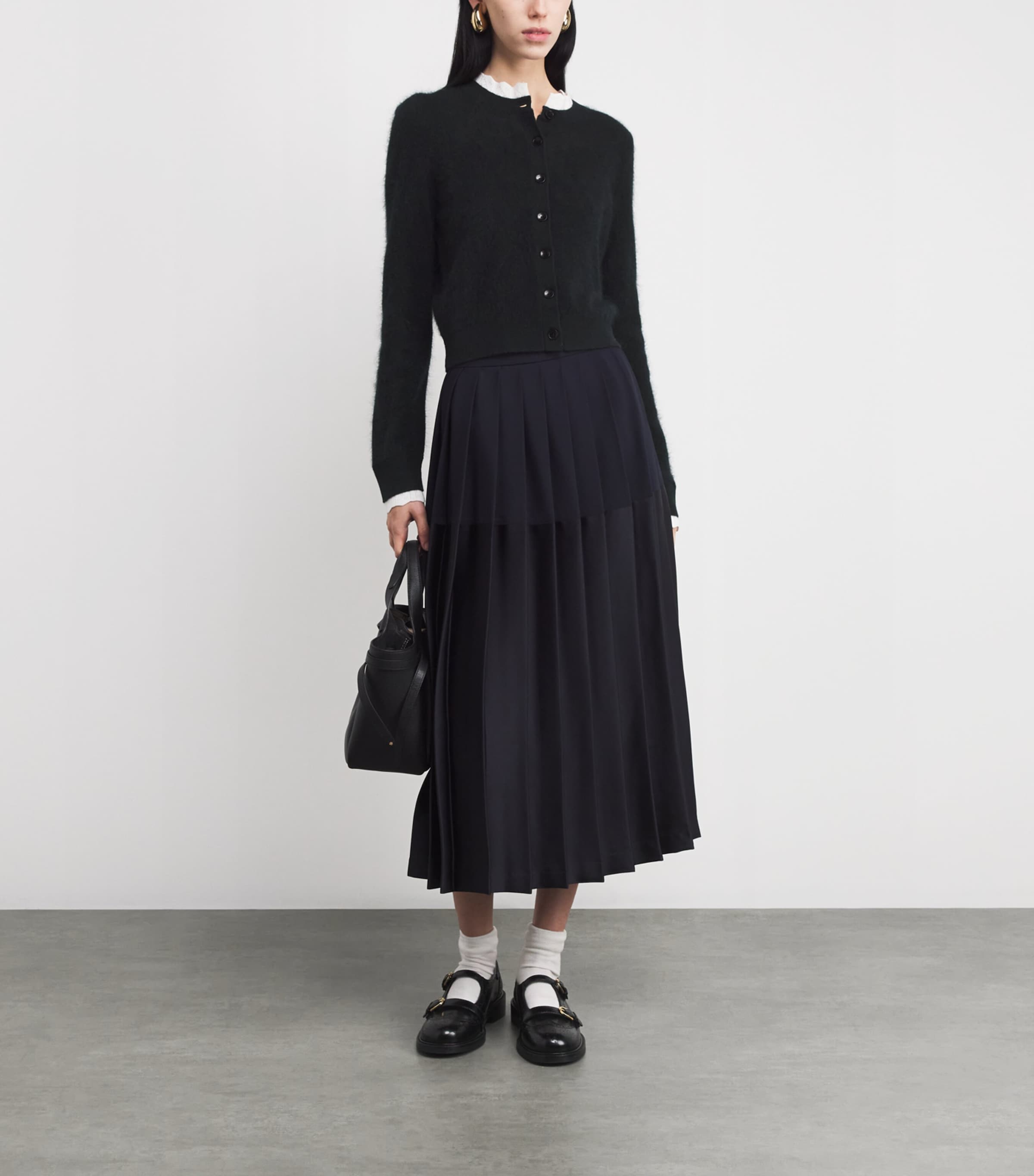 Wool Pointelle-Collar Cardigan BLACK Image 2