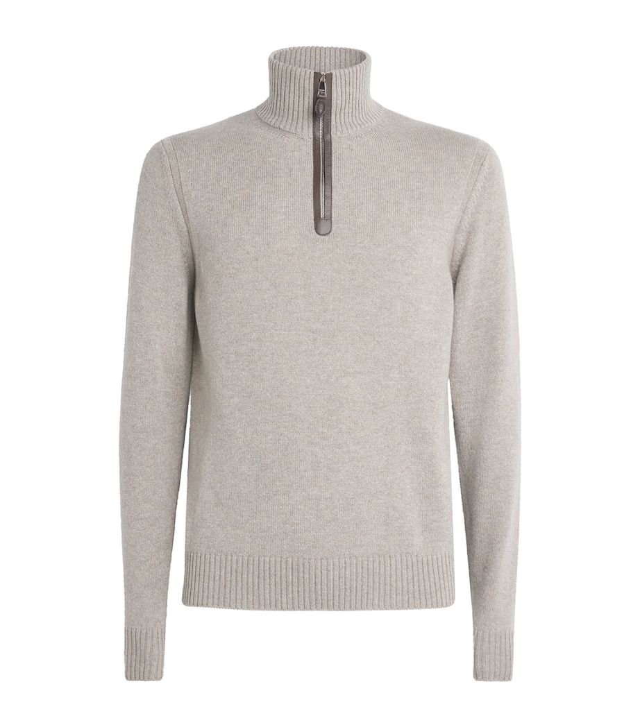 Purdey Mens Cashmere Leather Trim Quarter-Zip Sweater Pigeon Image 1