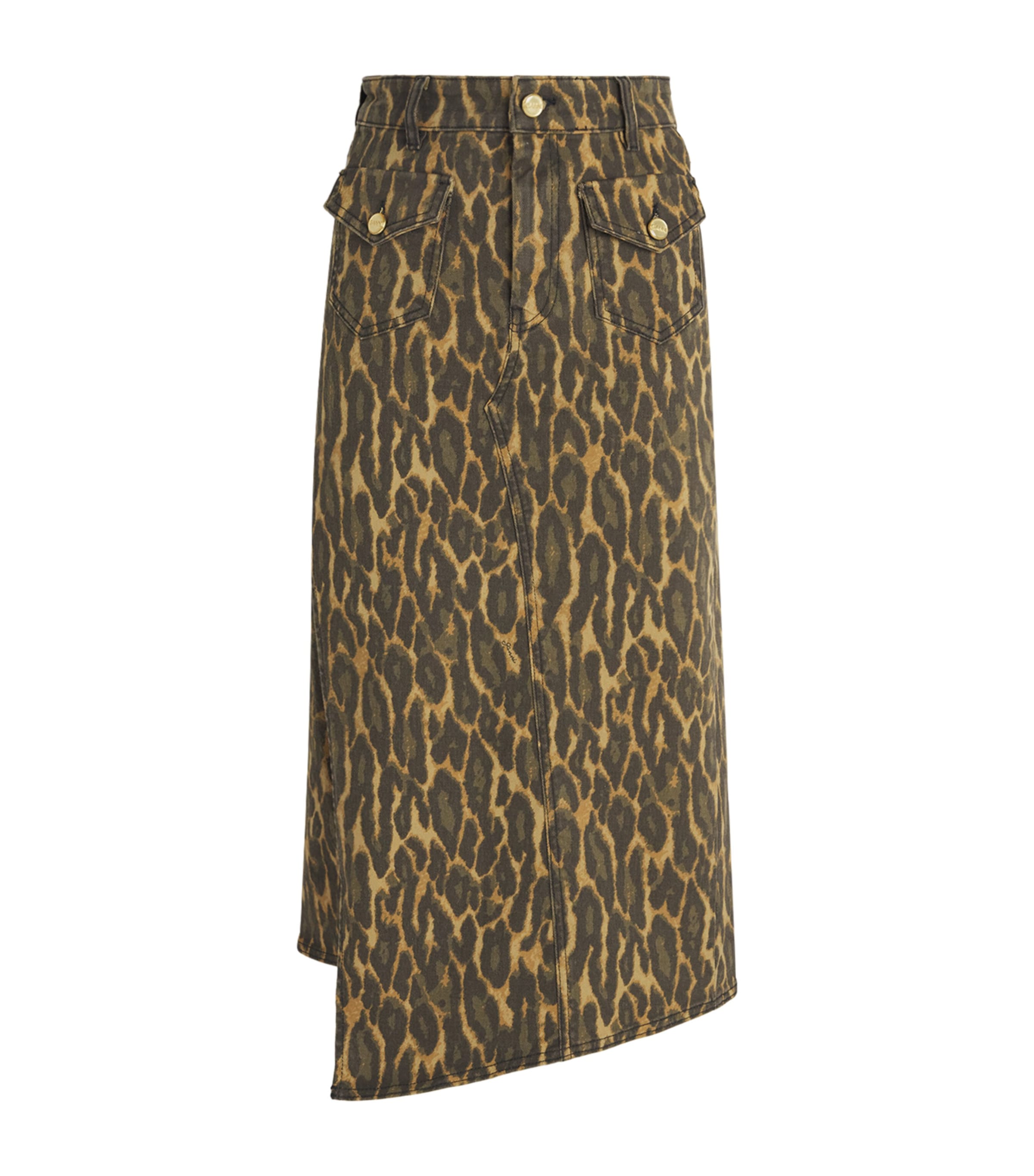 GANNI Womens Leopard Denim Midi Skirt Khaki Image 1