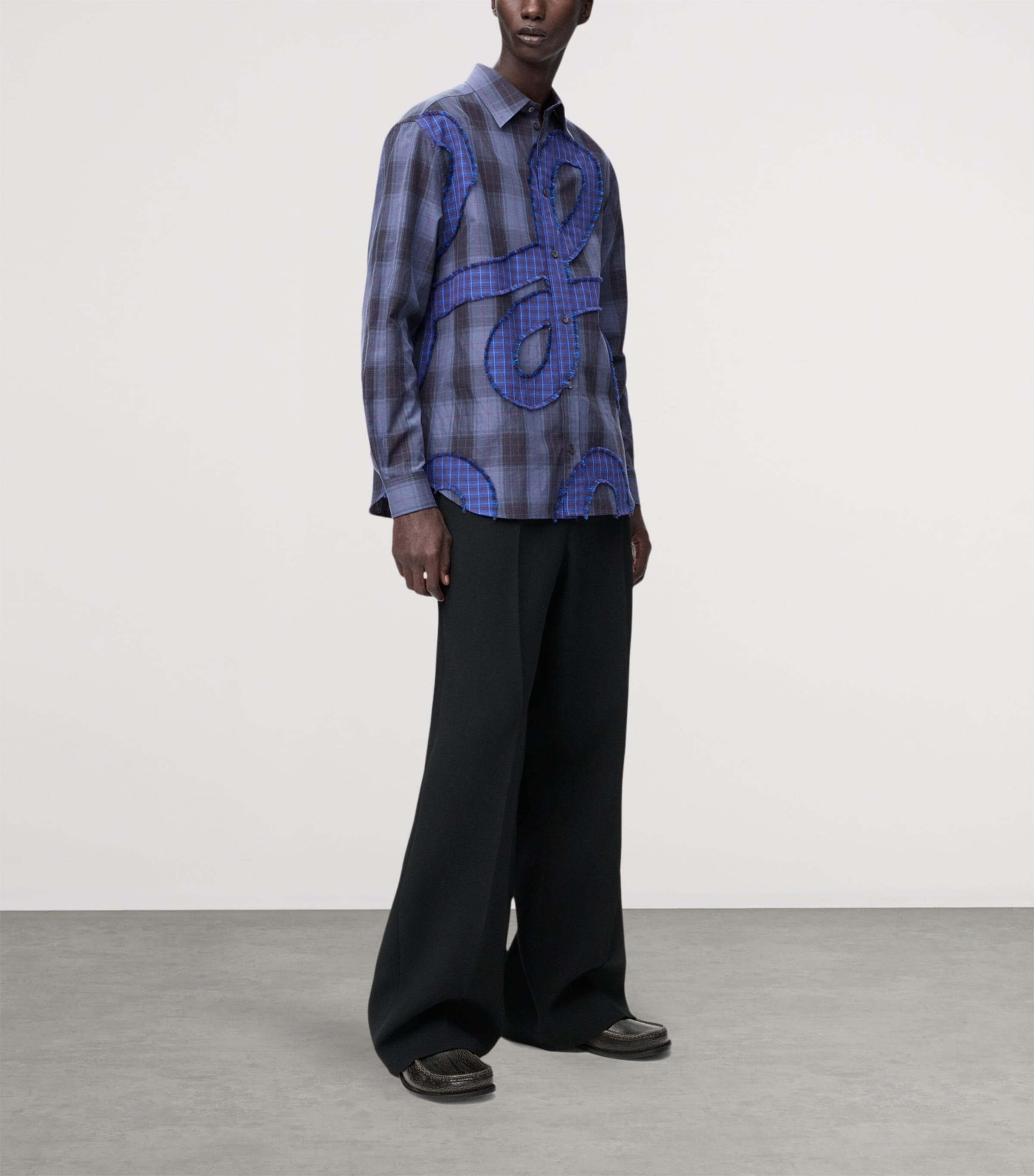 LOEWE Mens Cotton Long-Sleeve Check Shirt Navy Blue Image 2