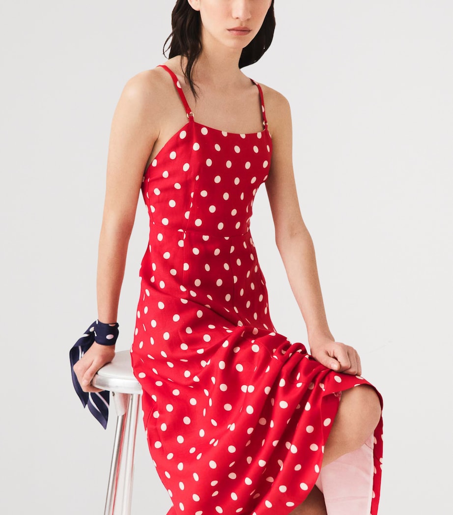 maje red dress Women Size 40 (M/L) Raveny Knit SS NWT blend maxi dress White polka dot print Graphic backless design with gold metal bar Spaghetti straps with gold details Concealed back zip fastening Vibrant colours flow through the collection Short sequinned floral dress