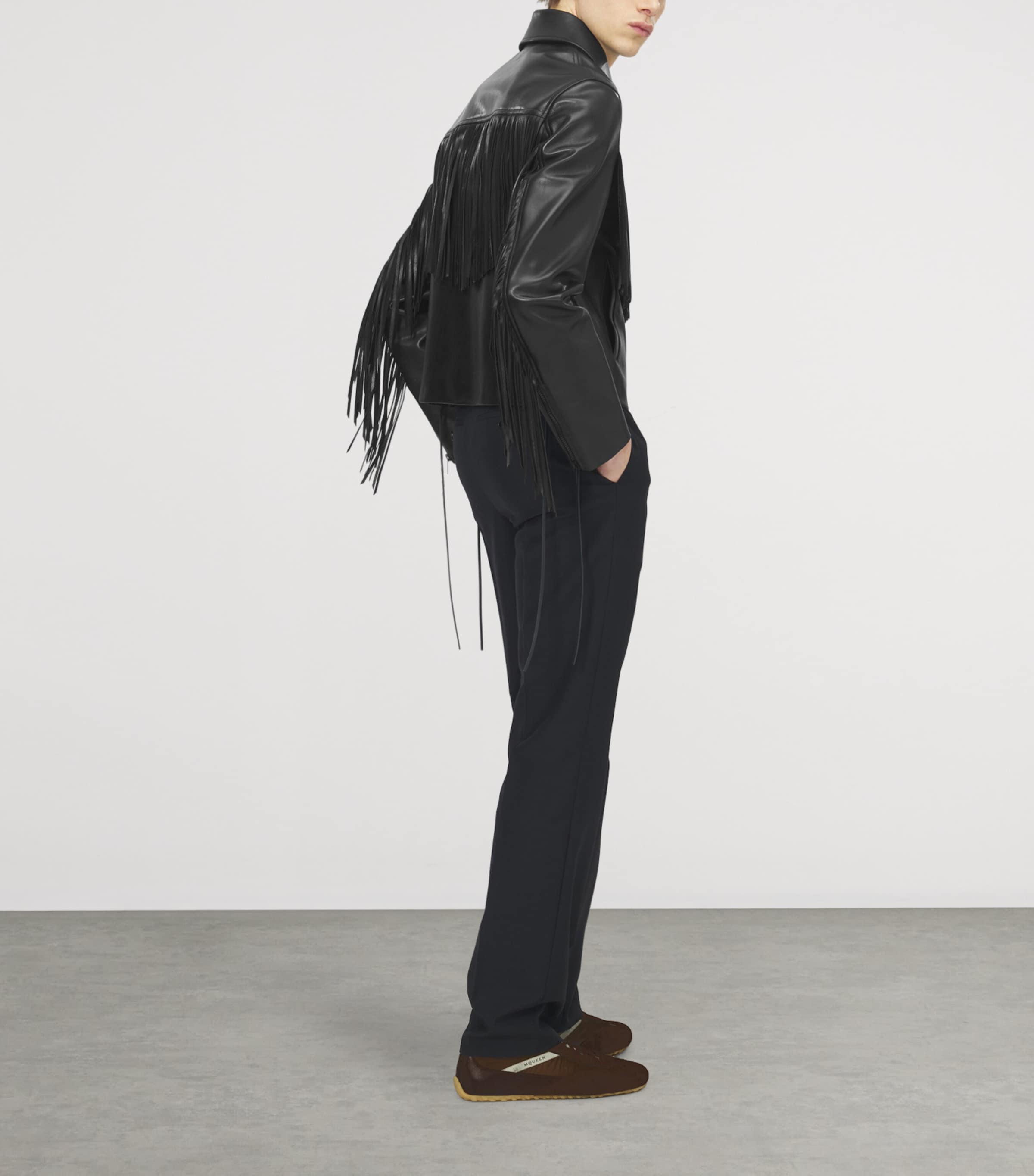 McQueen Mens Leather Fringed Jacket Image 3